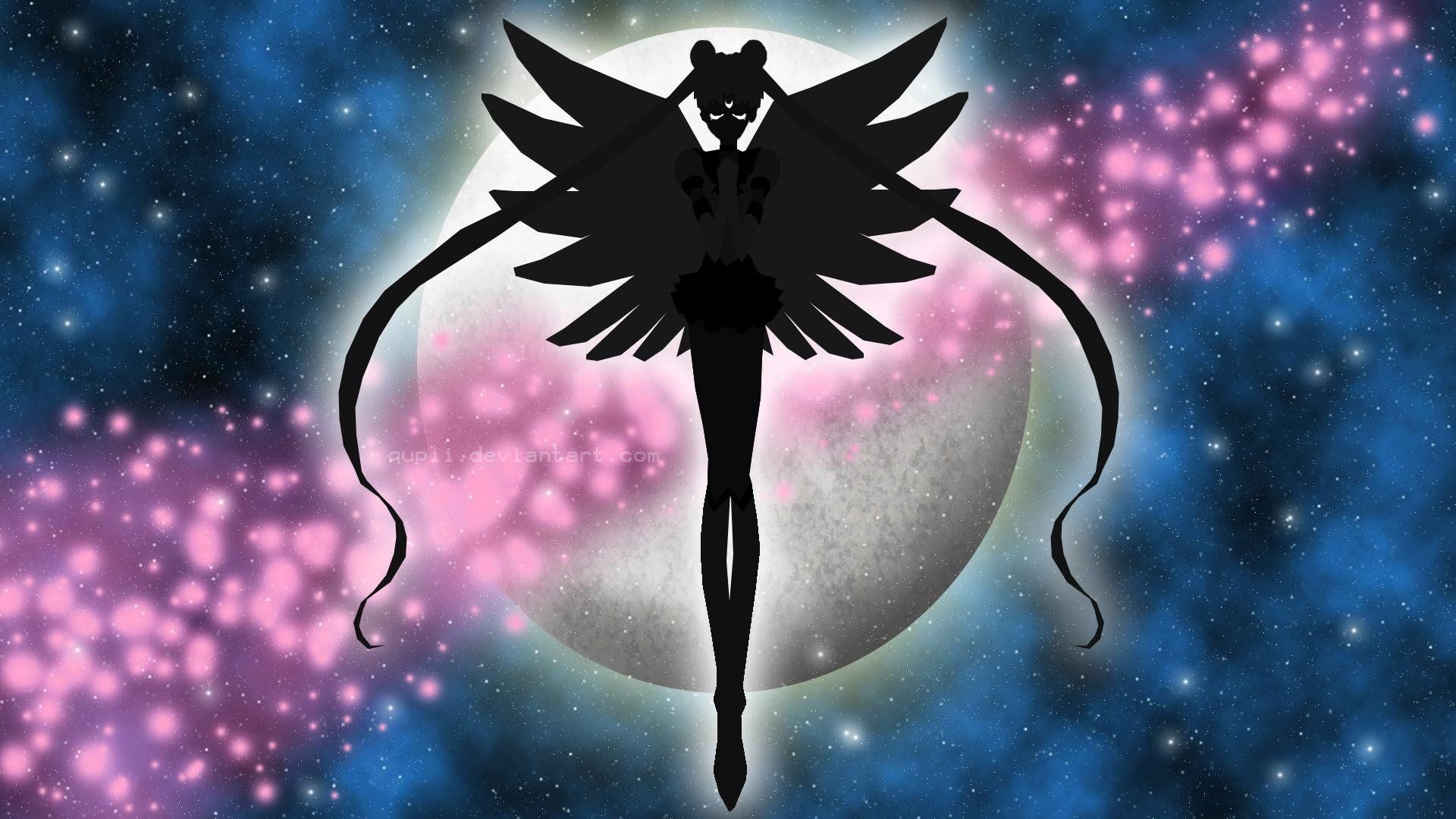 A silhouette of a fairy with wings, standing in front of a full moon - Sailor Moon