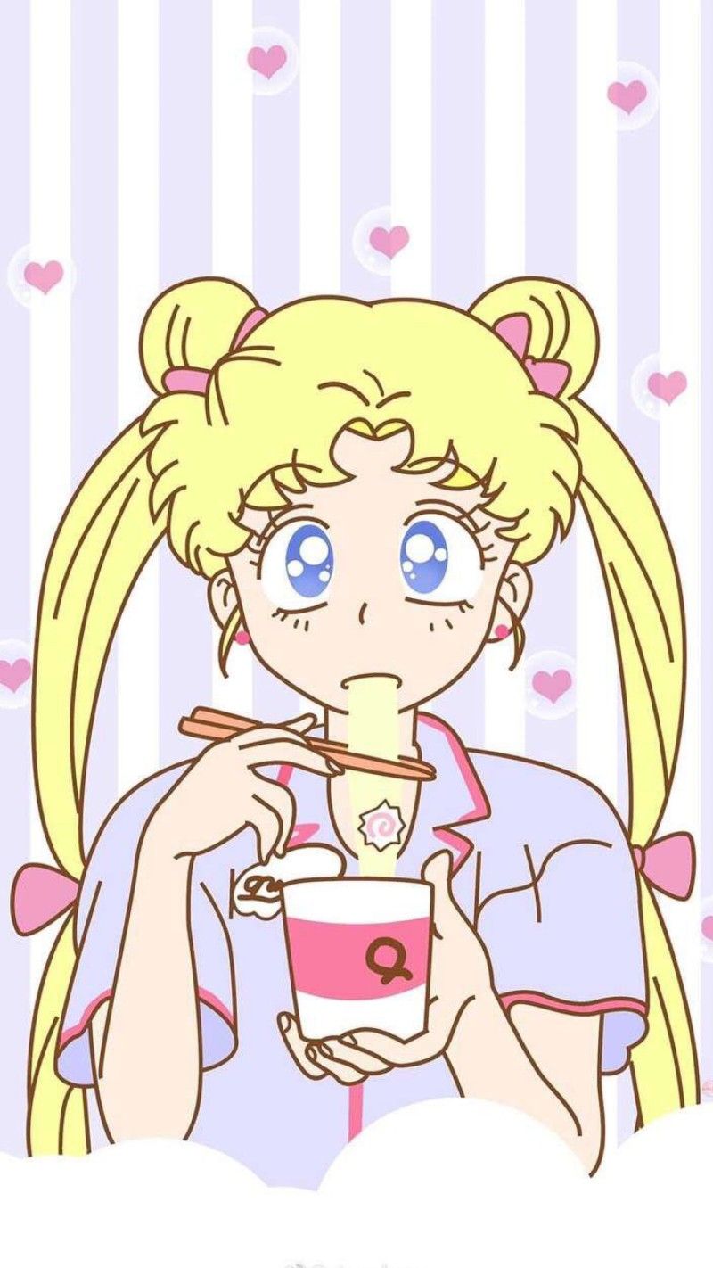 Usagi eating noodles from a cup - Sailor Moon