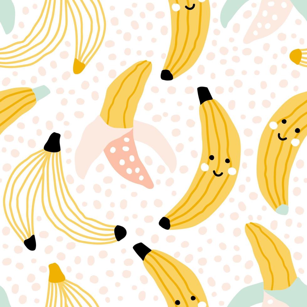 Vector seamless pattern of cute smiling yellow bananas on a white background with pink dots. Fruit print for fabric, paper, wallpaper, and packaging