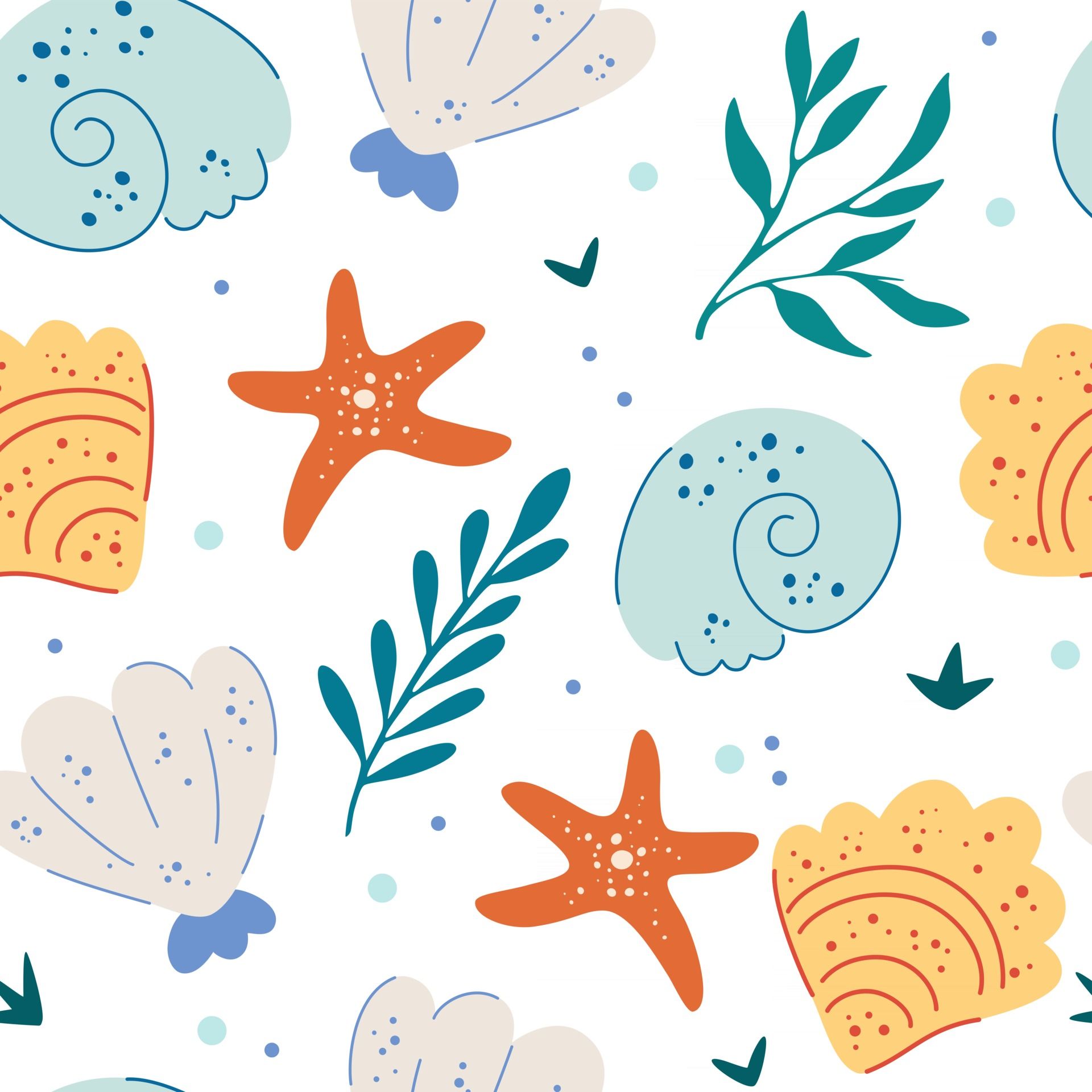 Sea shells and starfish seamless pattern Cute ocean background Fun underwater background great for ocean themes beach fabrics summer textiles or background wallpaper Flat vector illustration