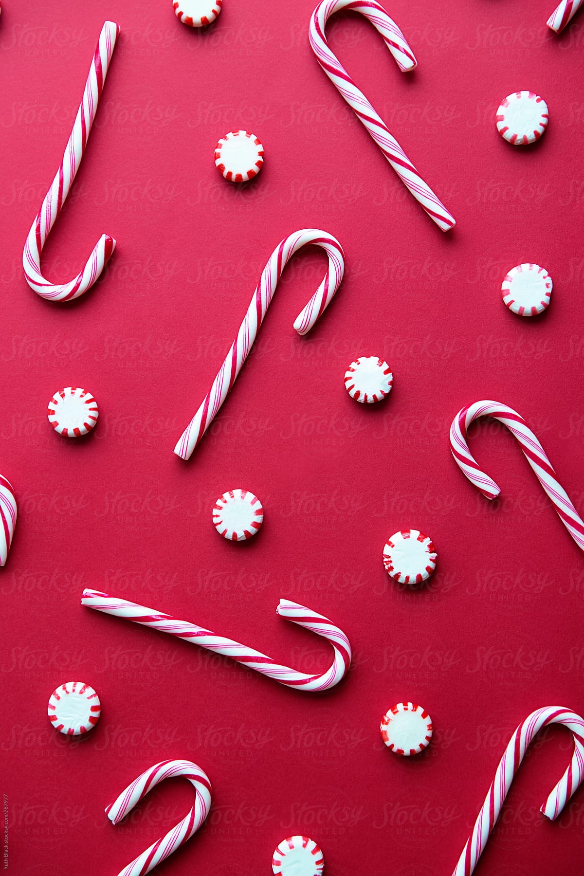 Red and white candy canes and peppermint candies on a red background - Candy cane