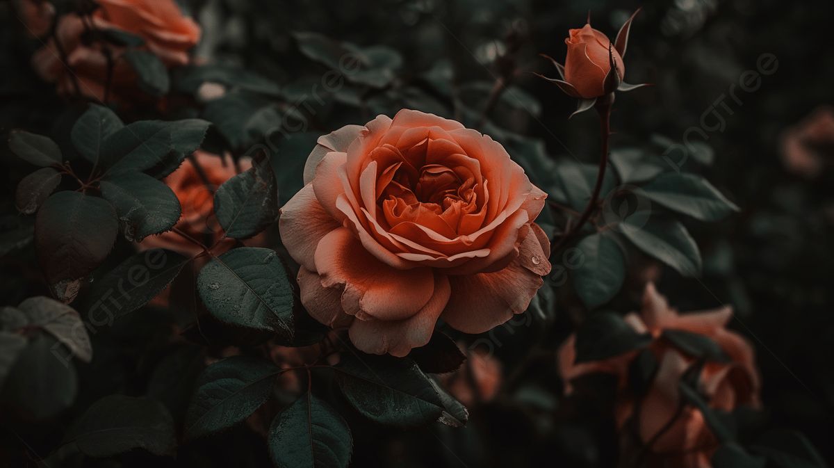 A beautiful pink rose with green leaves. - Dark orange