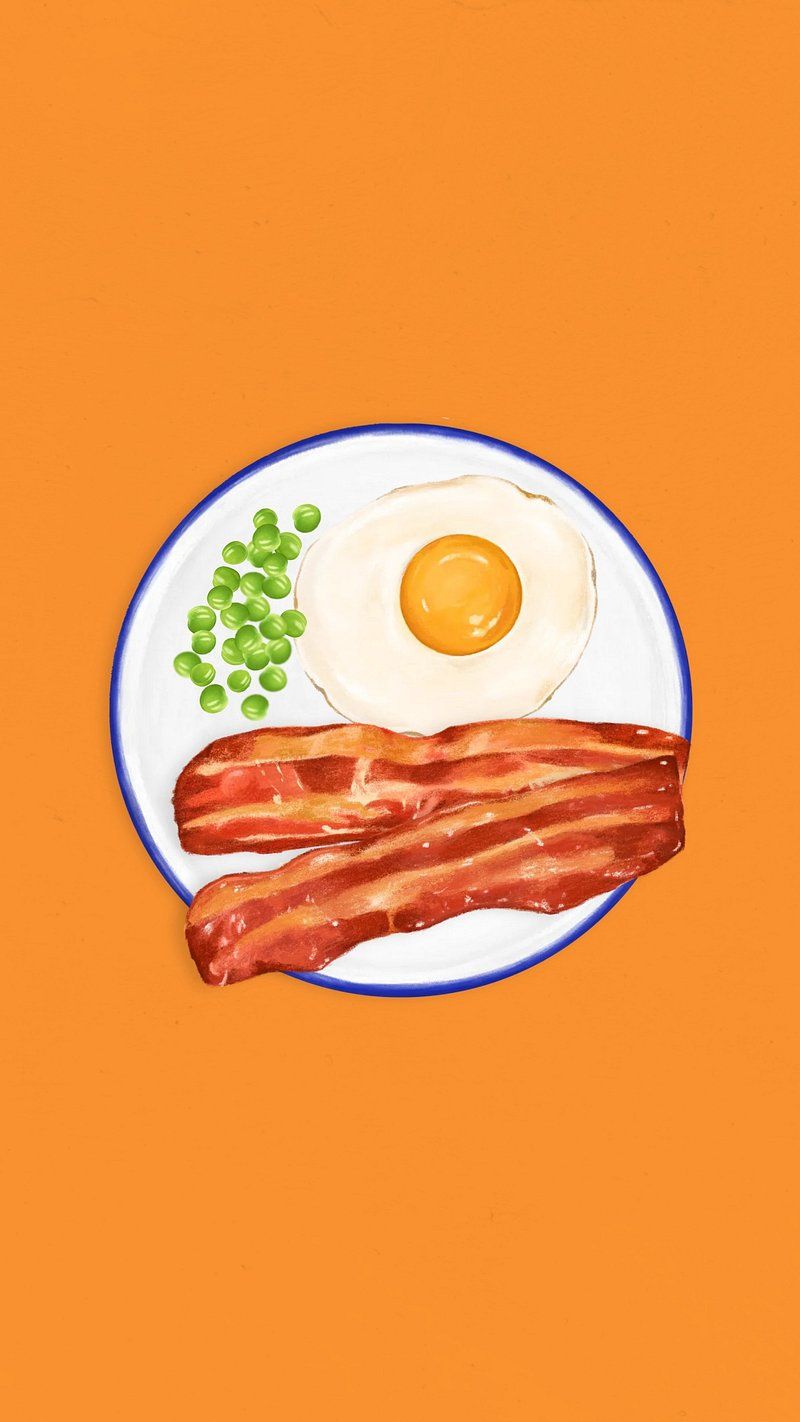 A plate with bacon, egg, and peas on an orange background. - Egg