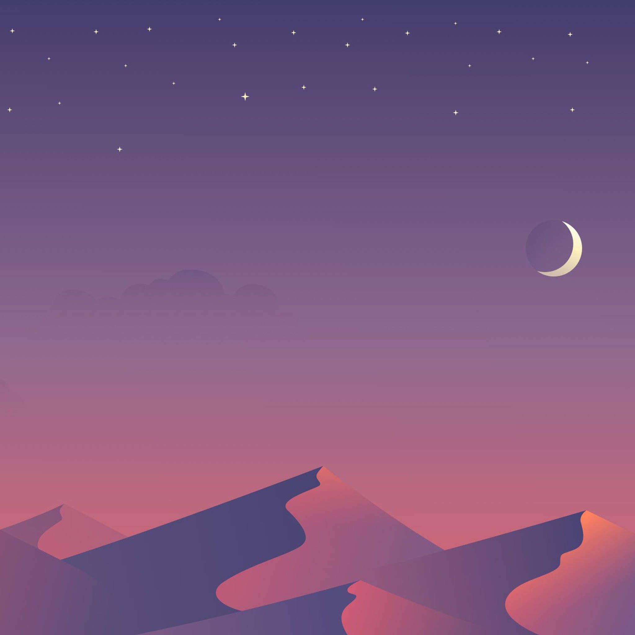 A desert landscape at night with a crescent moon and stars in the sky. - Desert