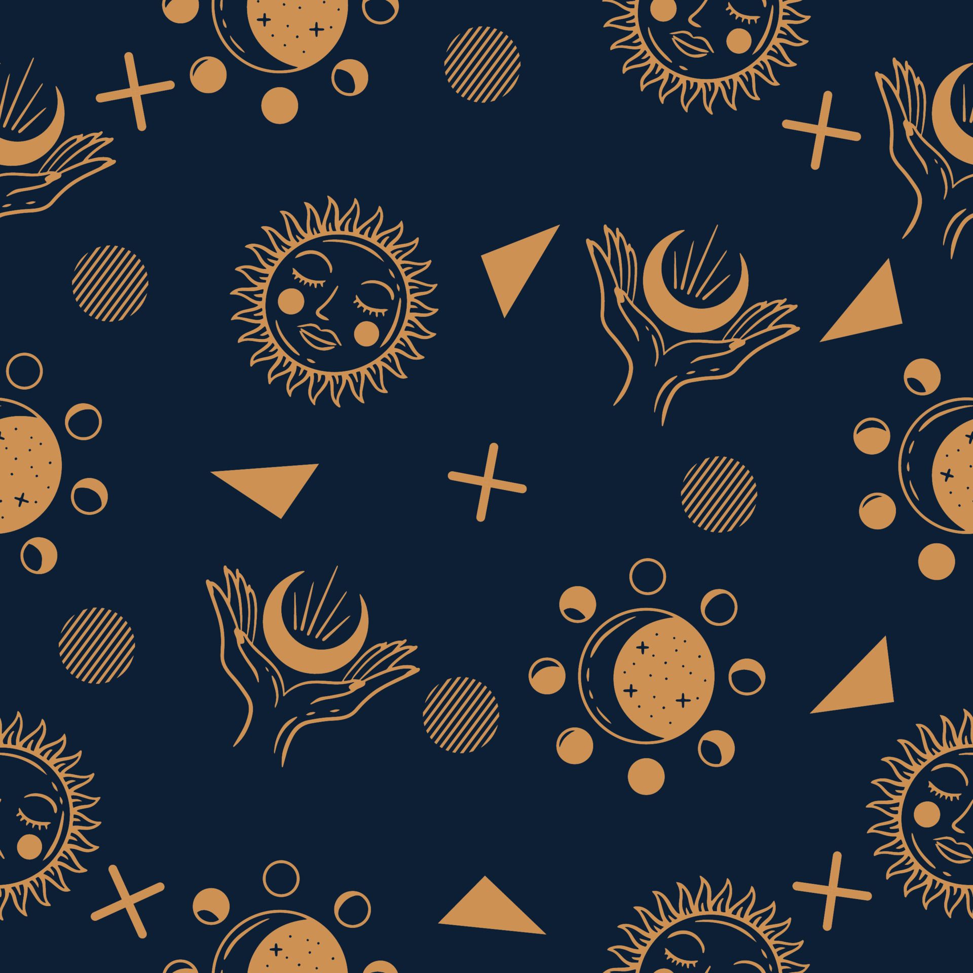 A blue background with golden suns, moons, and hands. - Dark orange