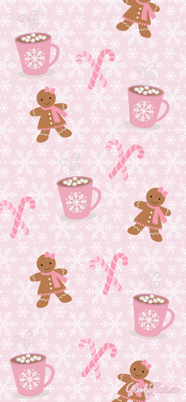A cute pink Christmas pattern with gingerbread men, candy canes, hot cocoa, and snowflakes. - Candy cane