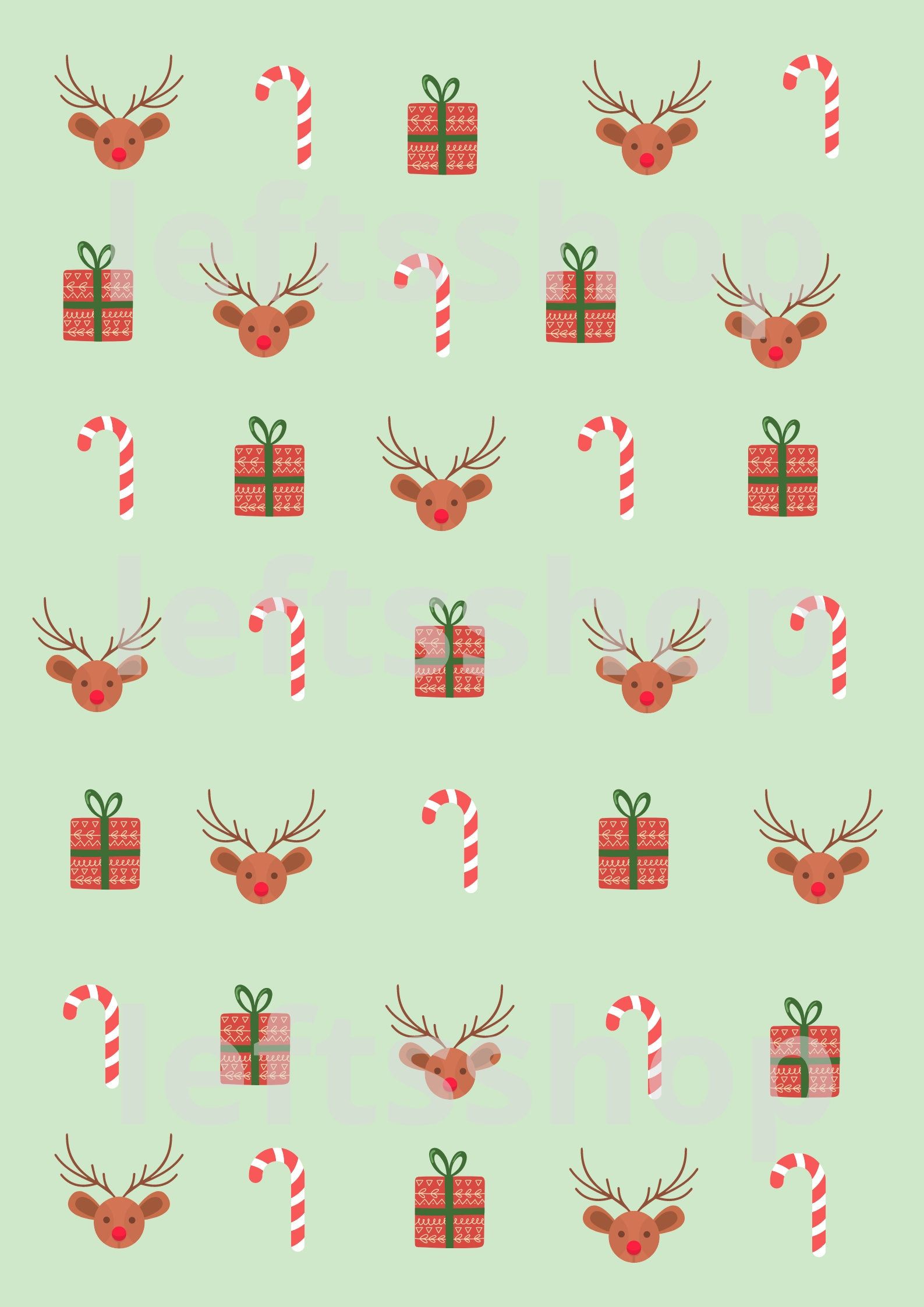 A free printable Christmas wrapping paper featuring reindeer, presents and candy canes. - Candy cane