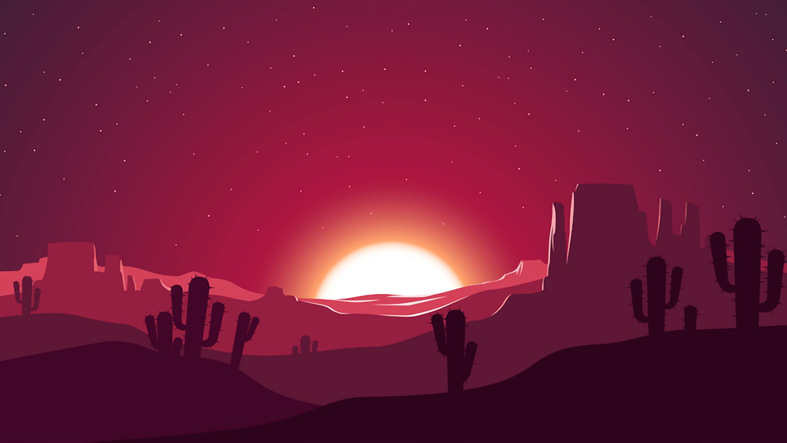 A desert landscape with a cactus in the foreground and a setting sun in the background. - Desert