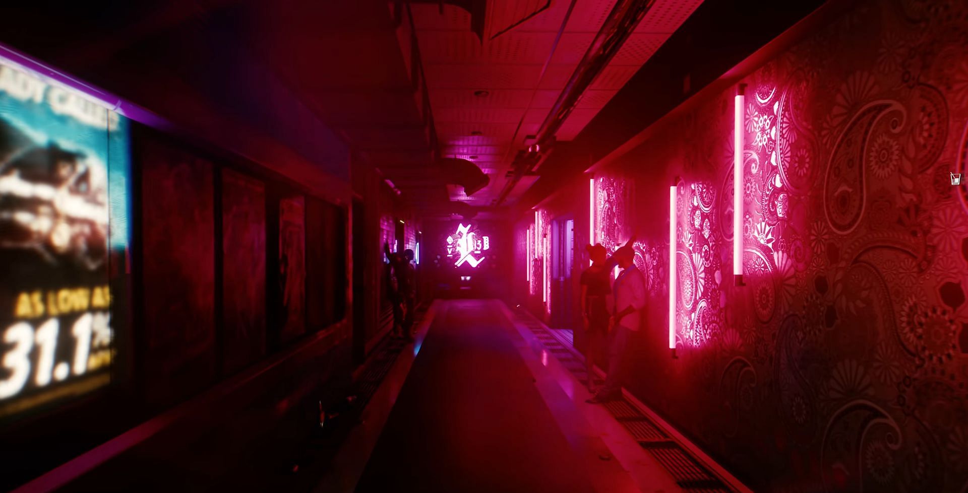 A long, narrow, darkened room with pink neon lights on the walls. - Cyberpunk 2077