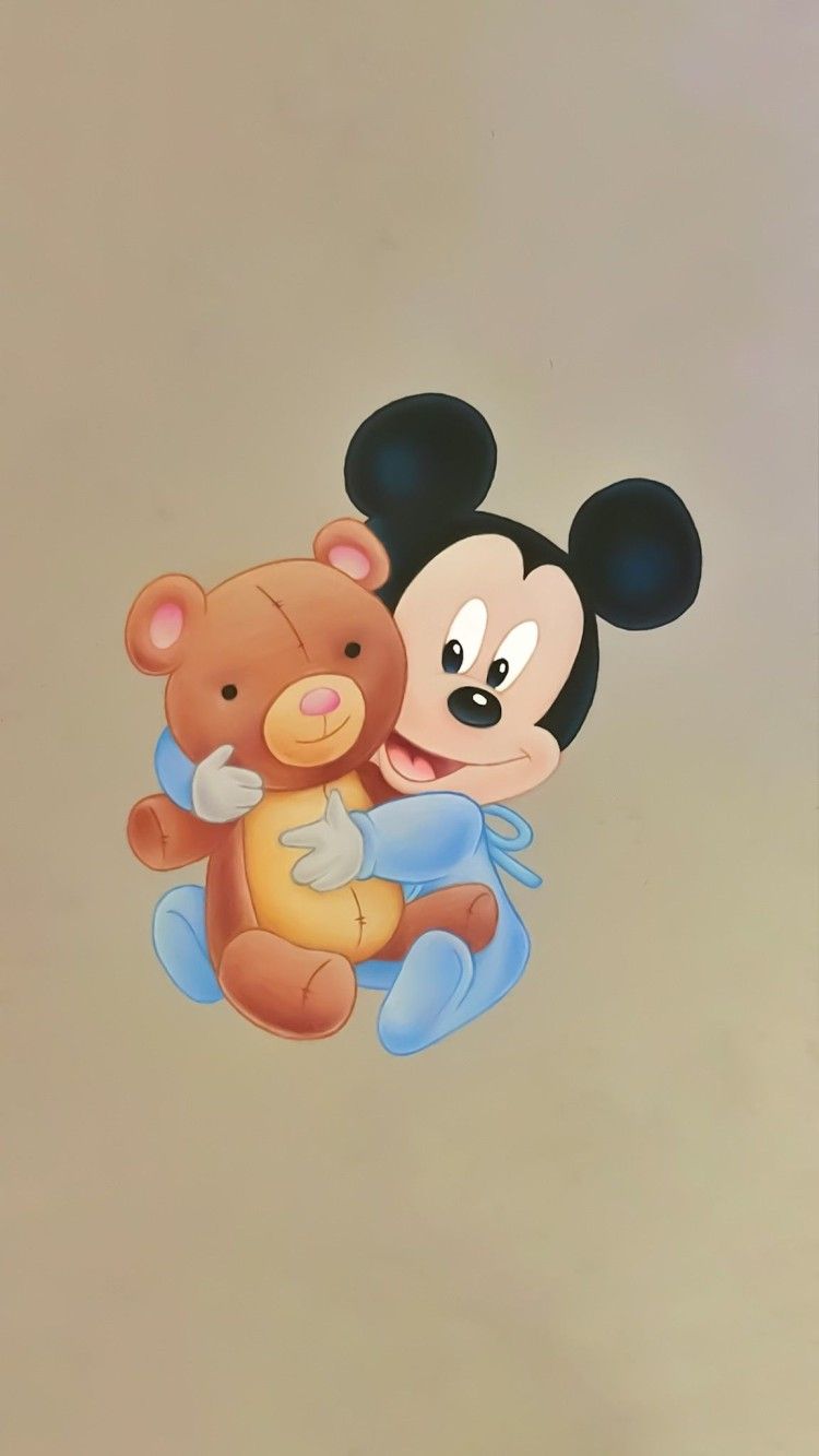 A cartoon of mickey mouse holding teddy bear - Disney, Mickey Mouse, teddy bear