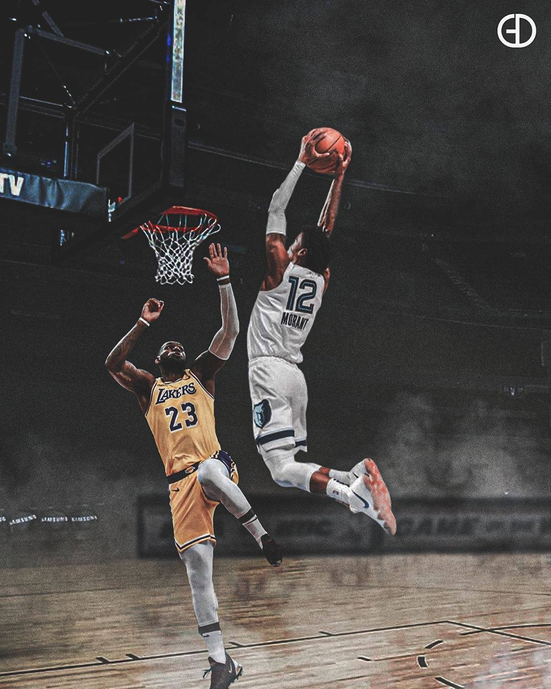 Two basketball players, one holding the ball and the other reaching for it. - Lebron James, Ja Morant