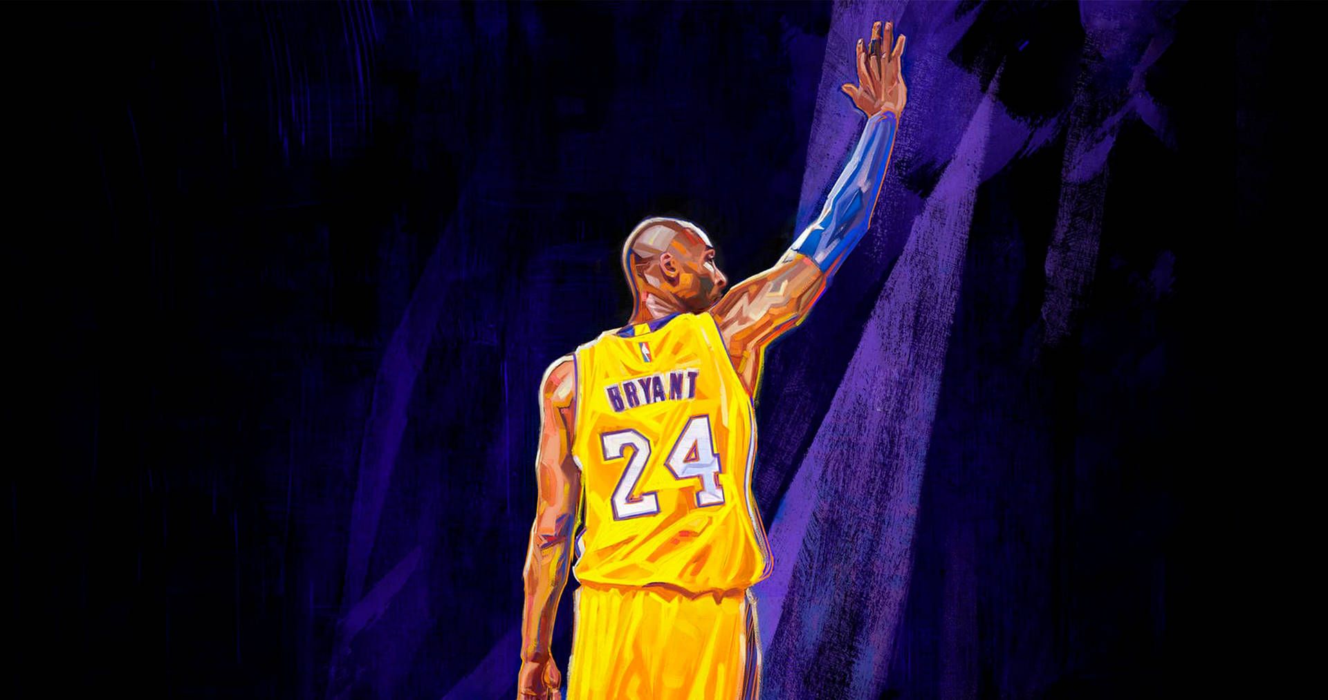 A painting of Kobe Bryant in his Lakers jersey, waving to the crowd. - Kobe Bryant