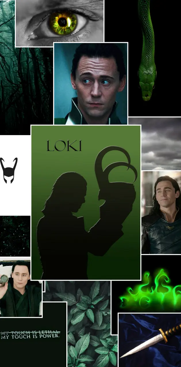 A collage of images of Tom Hiddleston as Loki, green eyes, and a green staff. - Loki