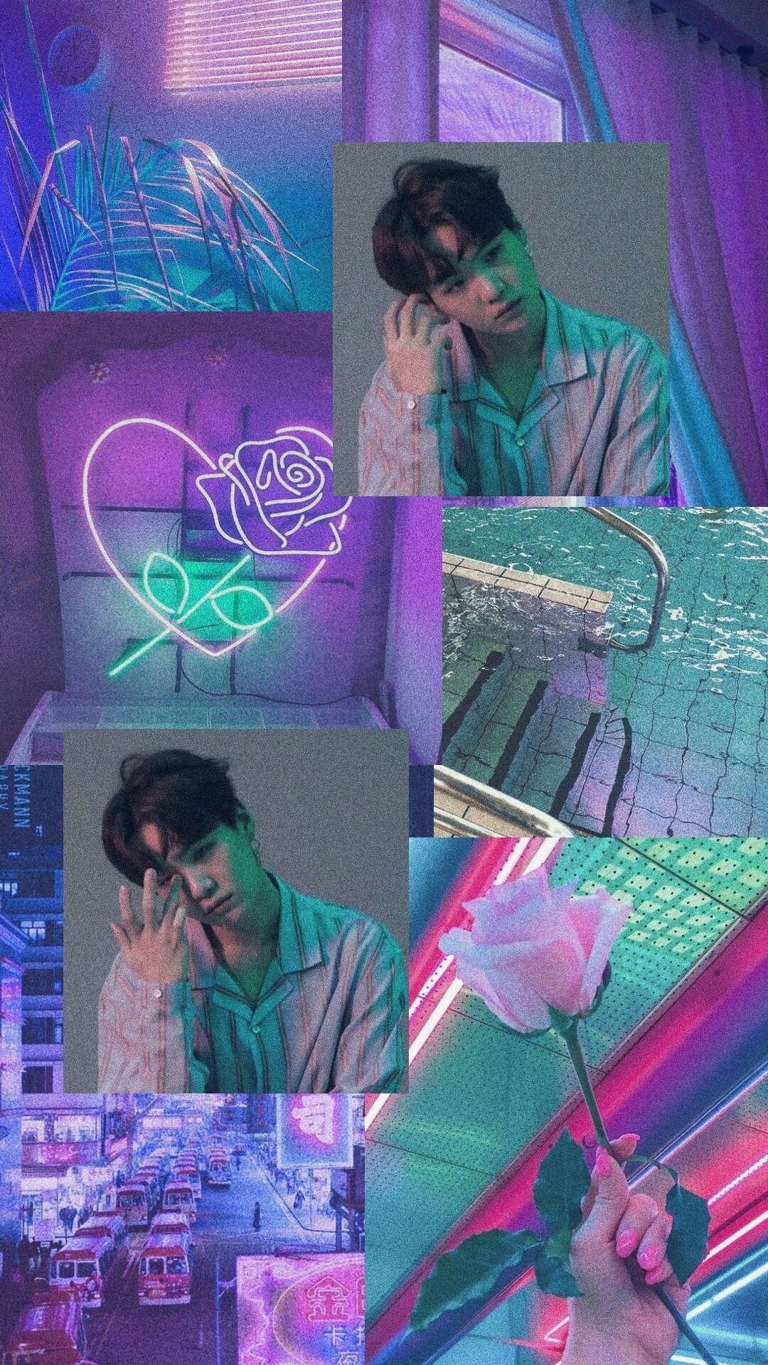 Aesthetic background of purple and blue with a collage of photos of Jhope - Suga