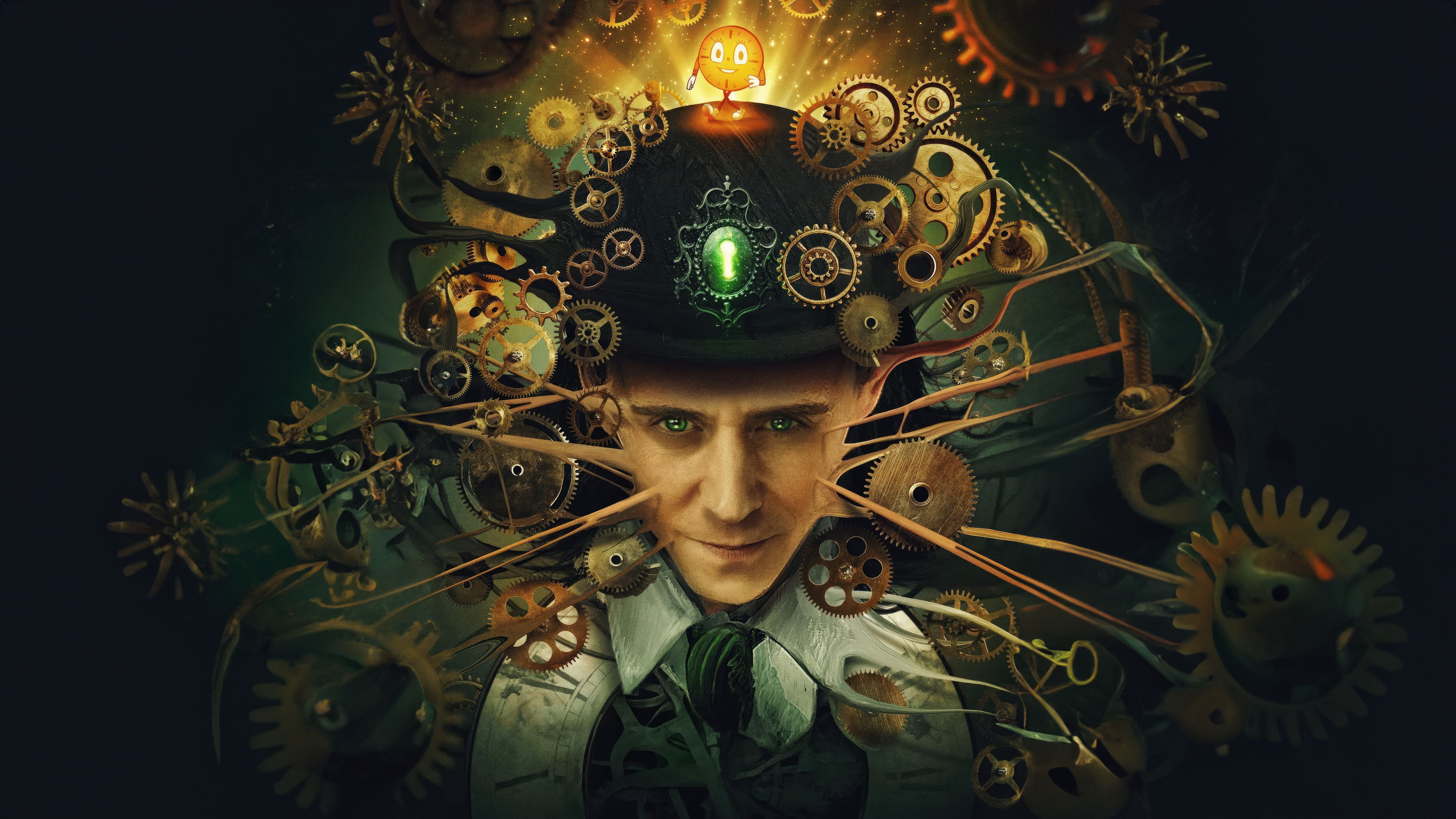 A man with a green gem in his forehead and a top hat with gears and cogs coming out of his head - Loki