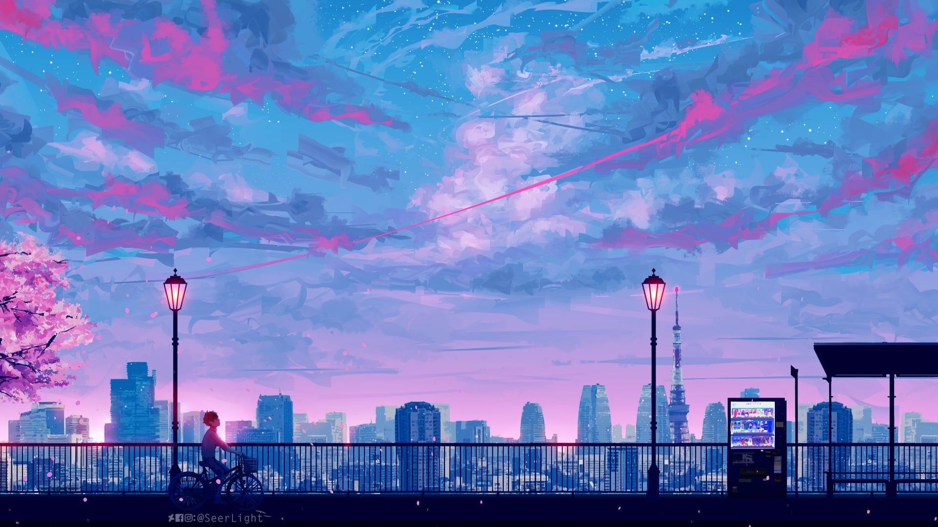 Aesthetic anime city wallpaper with a man sitting on a bench - 1920x1080