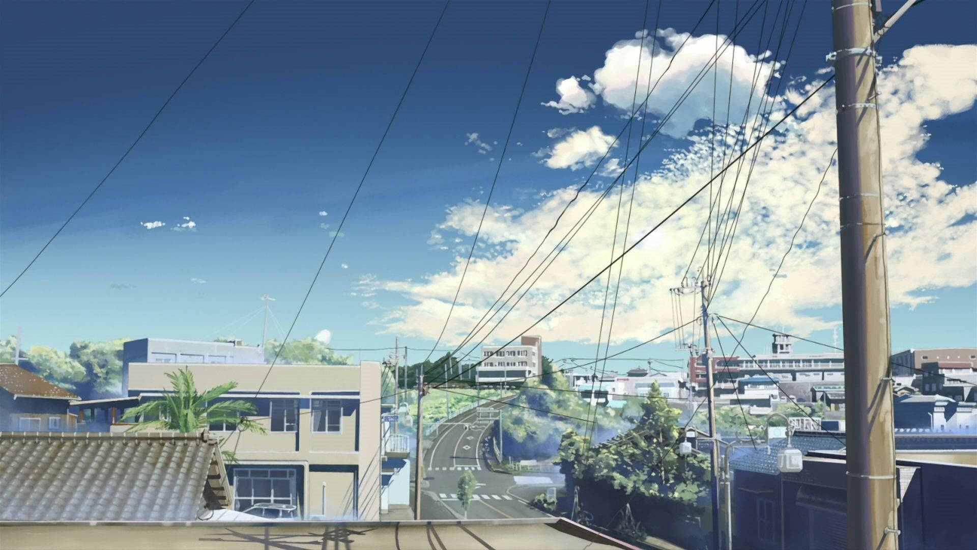 An anime aesthetic wallpaper of a sunny day in a small town - 1920x1080