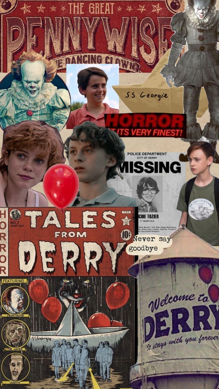 A collage of images from the horror movie It, including the main characters, the Dancing Clown, and the town of Derry. - Pennywise