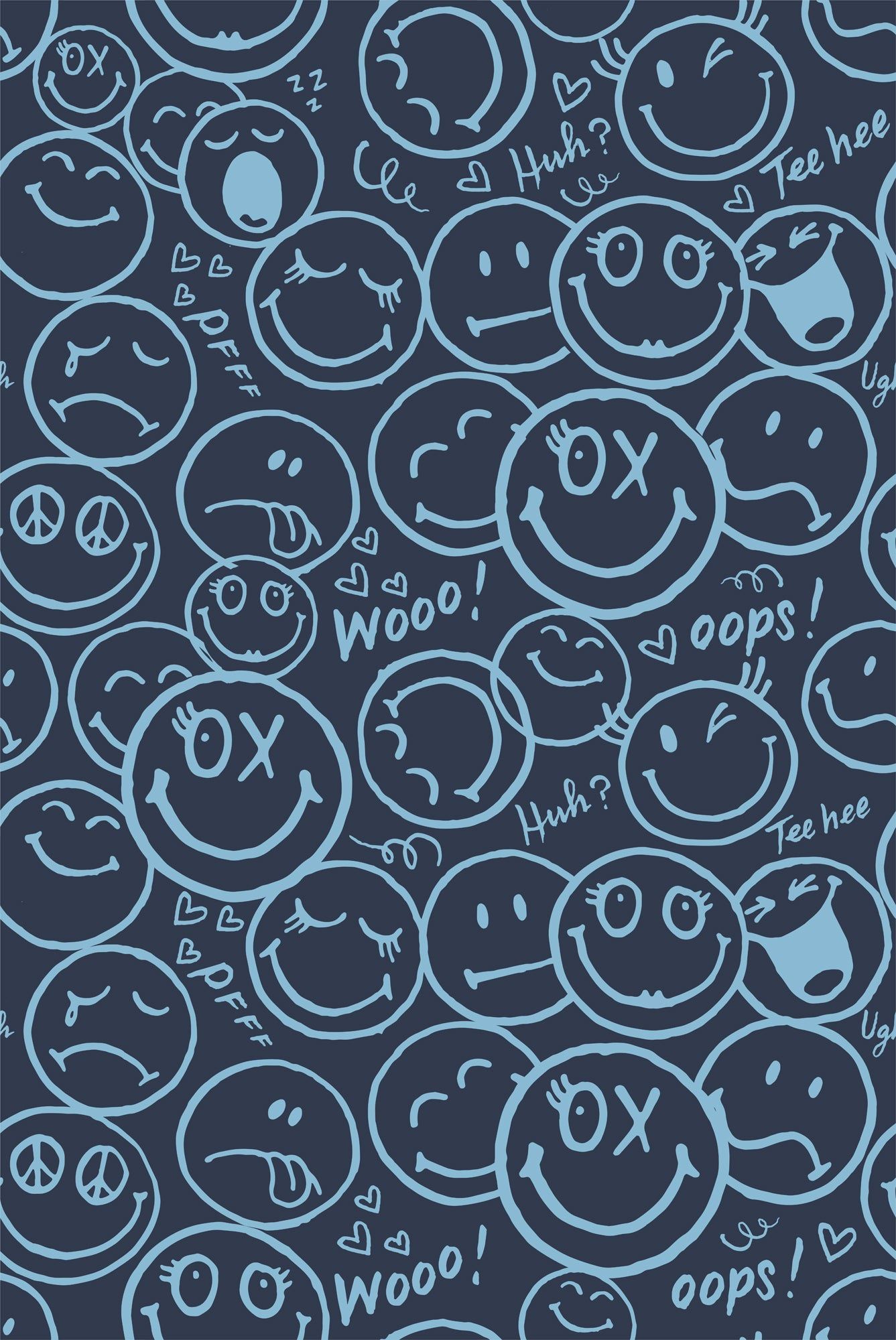 A pattern of different smiley faces in blue on a dark blue background - Smiley