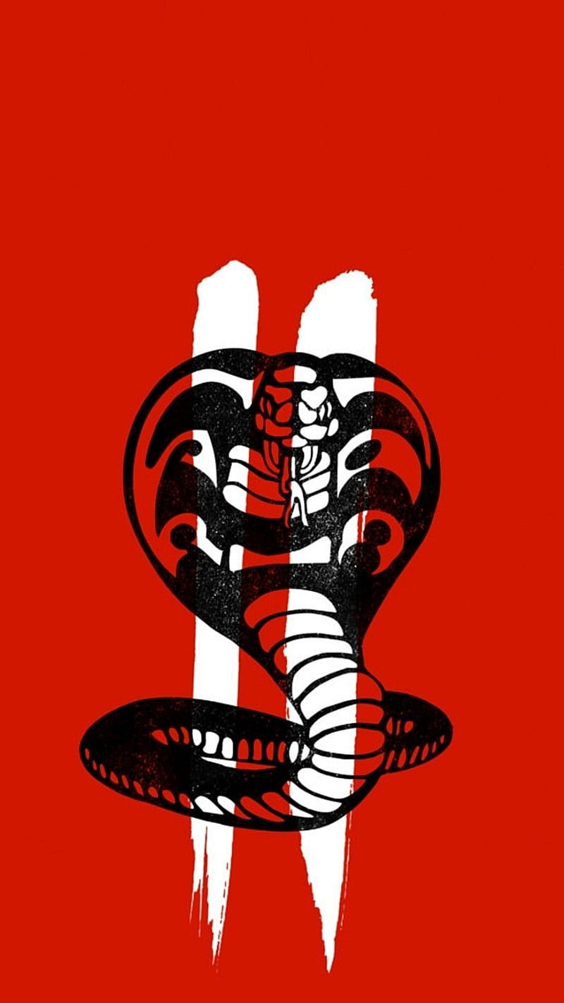 Red background with a black cobra in the middle and two red stripes on top - Cobra Kai