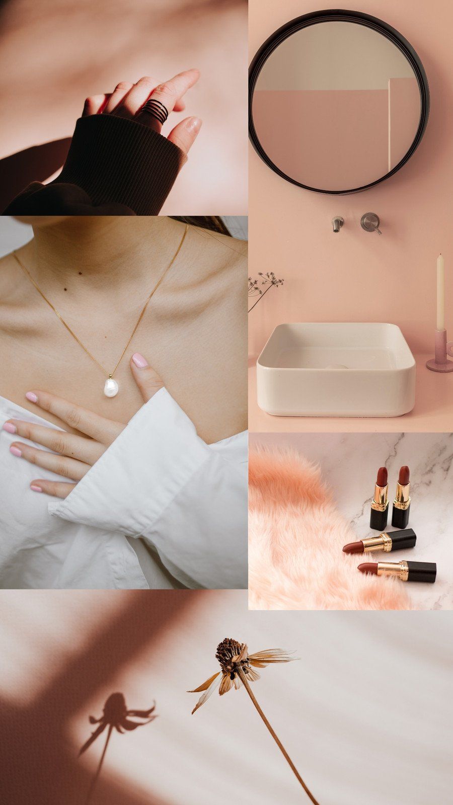 A collage of images including a mirror, jewelry, and makeup. - Blush