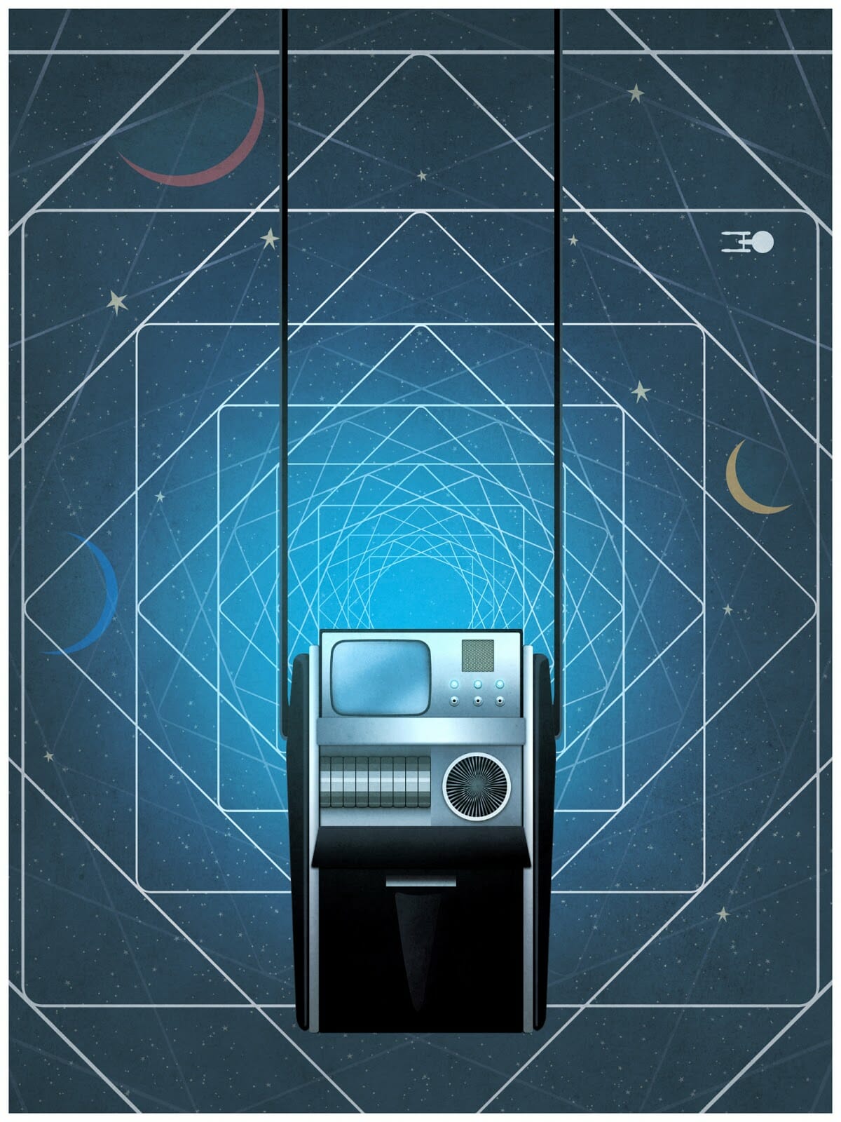 A poster of a black box with buttons and screens on a blue background with geometric shapes - Star Trek