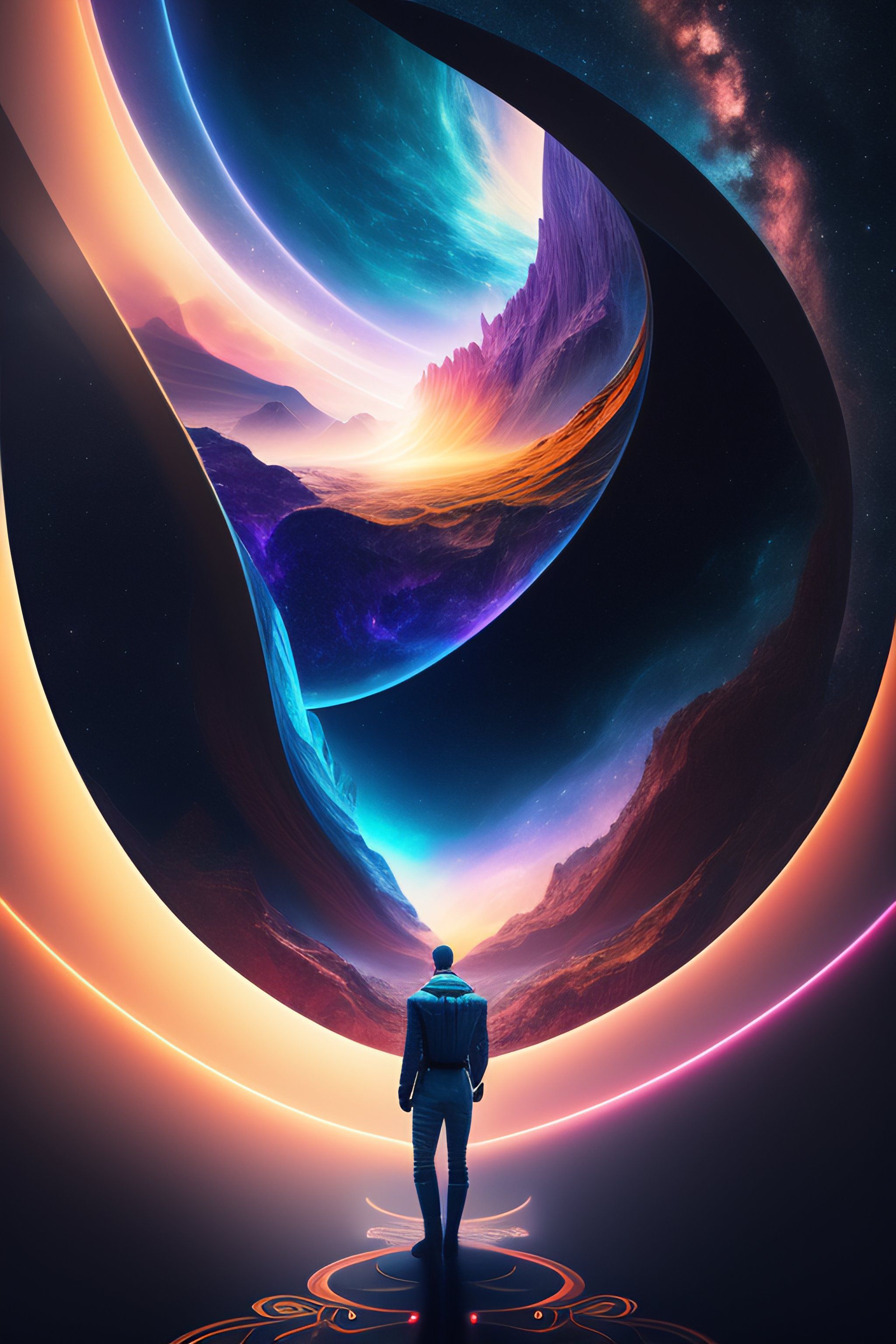 An astronaut in a suit standing in front of a swirling portal to another world - Star Trek