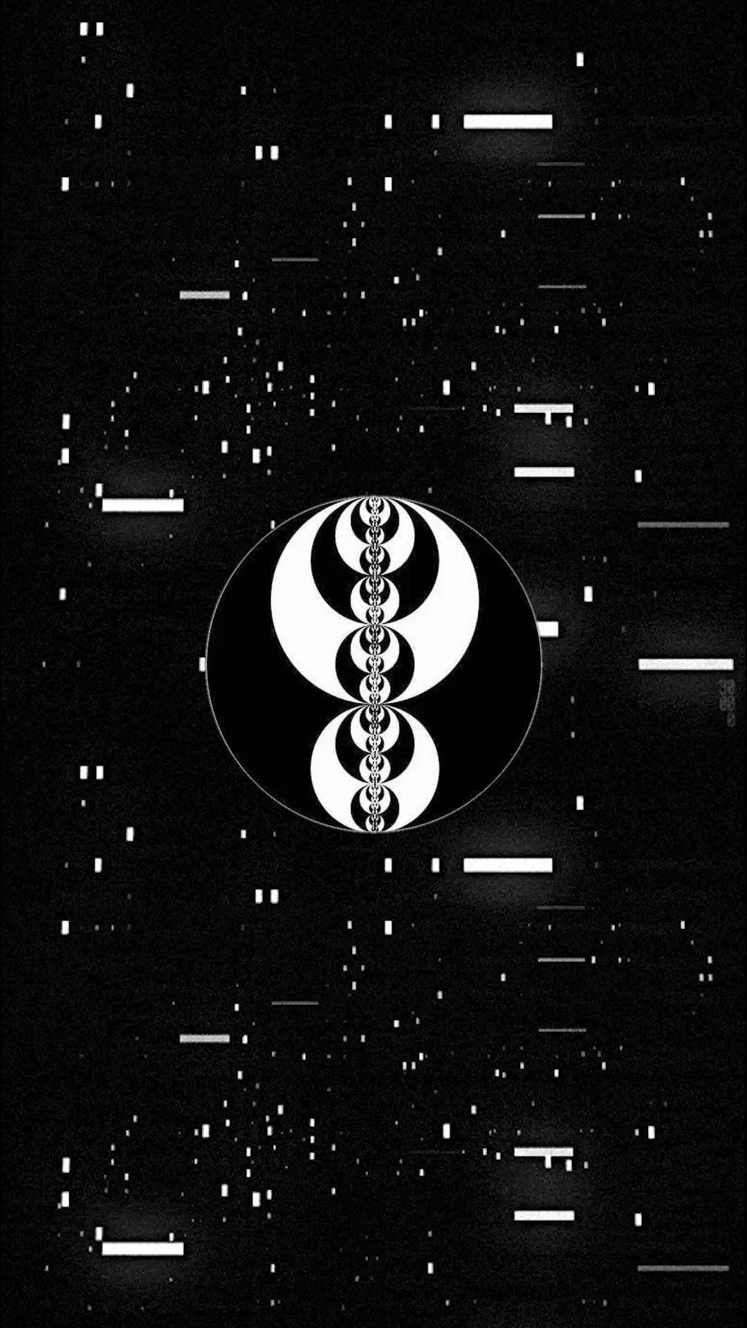 A black and white image of a black background with white lines and squares. In the center is a black and white circle with a black and white spiral pattern in the center. - Star Trek