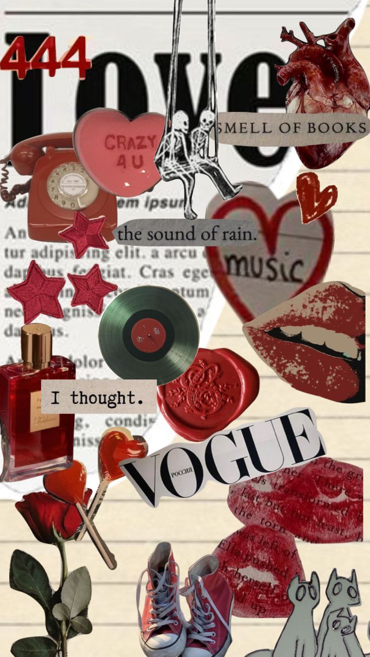A collage of red items including shoes, lipstick, a rose, and a book. - Collage, Vogue, lips