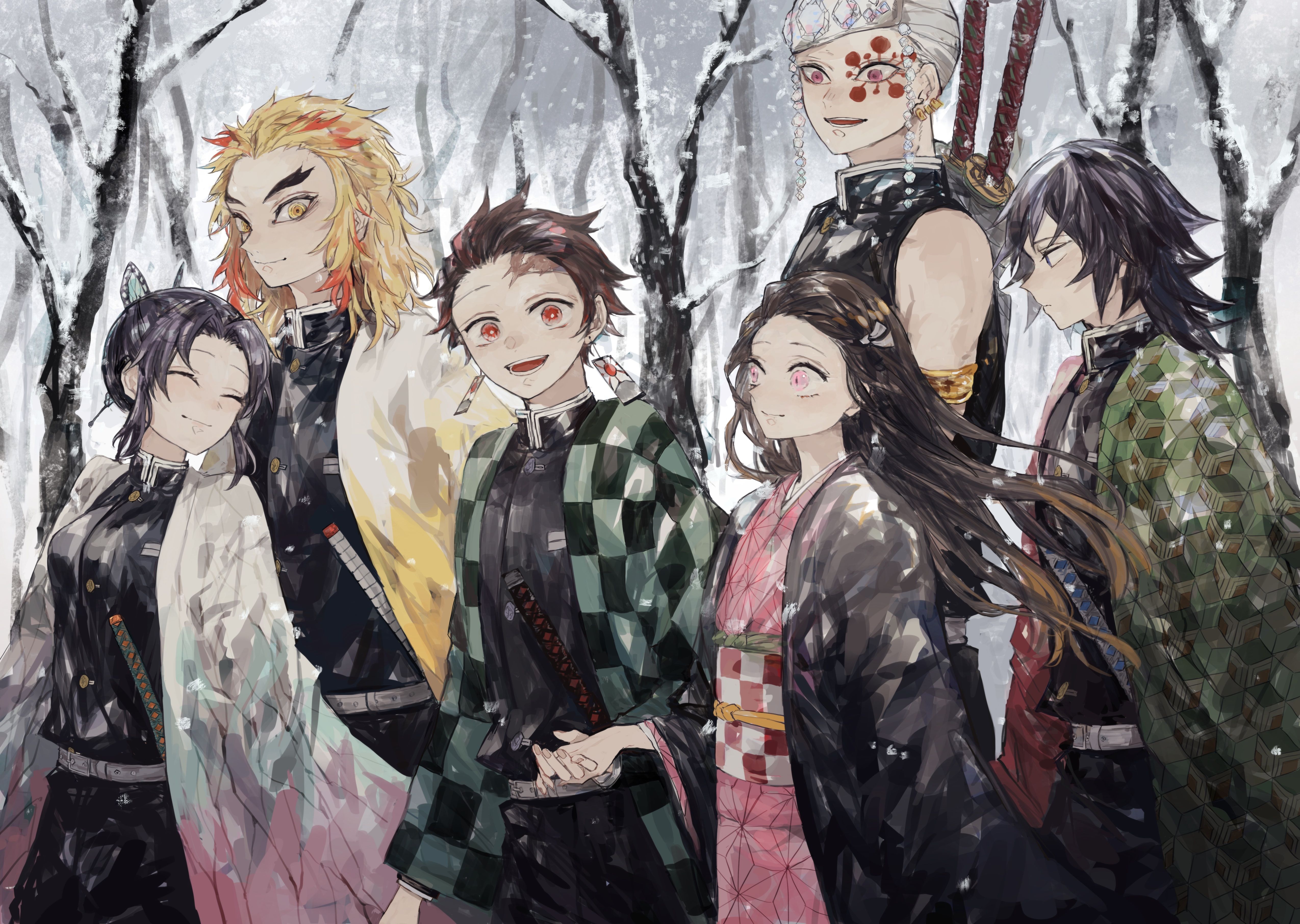 A group of people standing in the snow - Demon Slayer