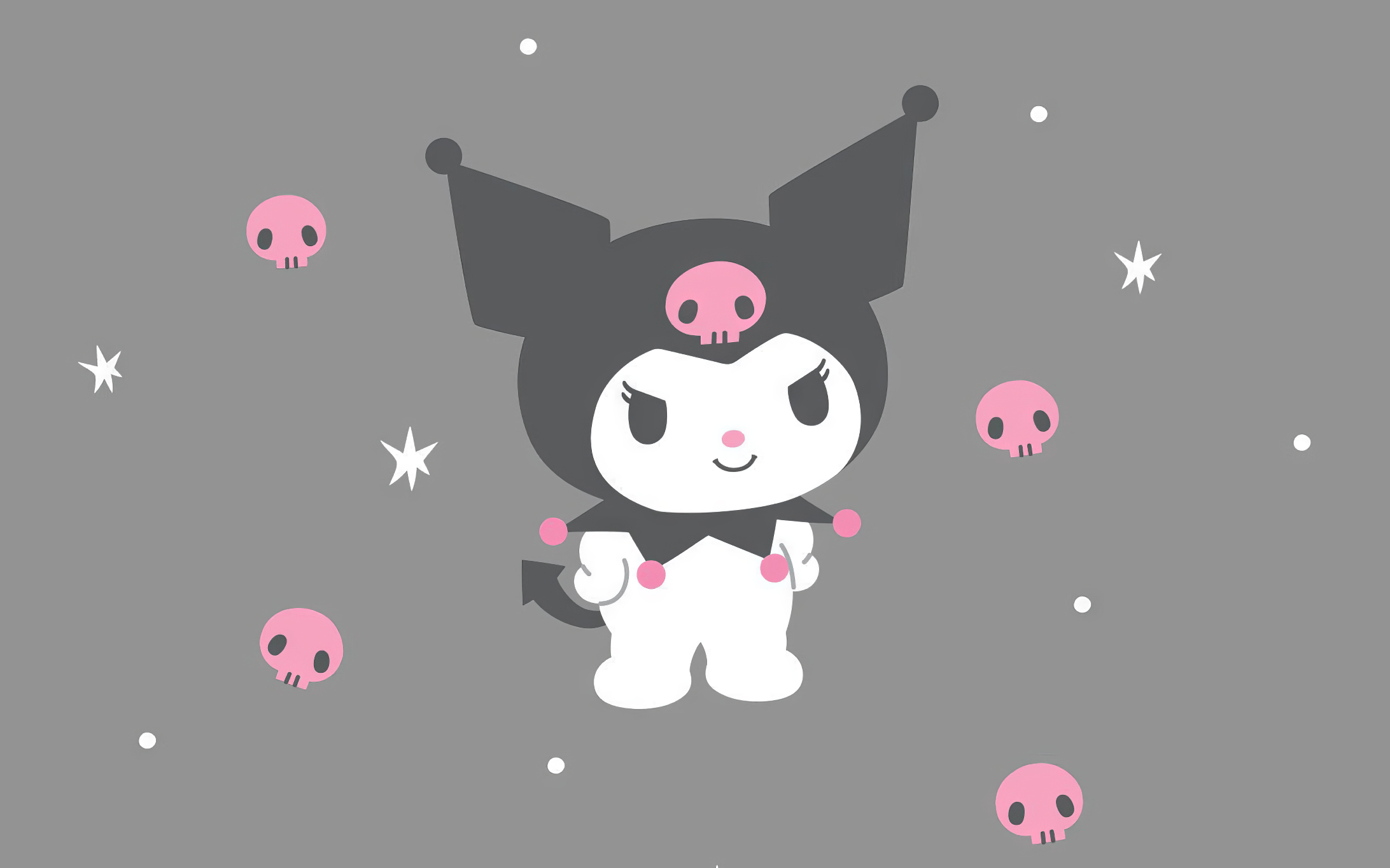 Kuromi in a jester costume surrounded by pink skulls - Kuromi