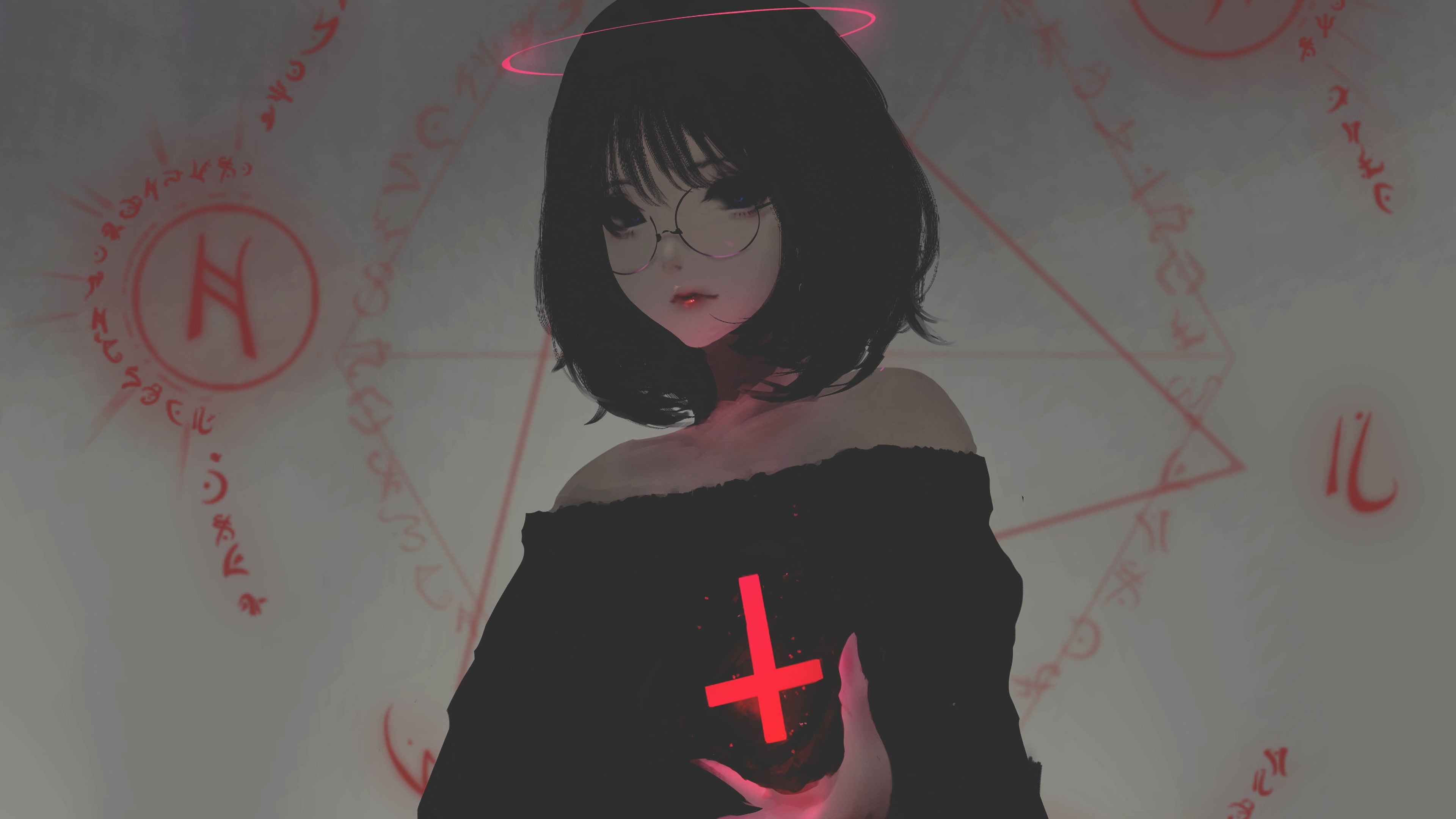 A black haired anime girl with glasses and a black dress, holding a red cross. - Emo, anime girl