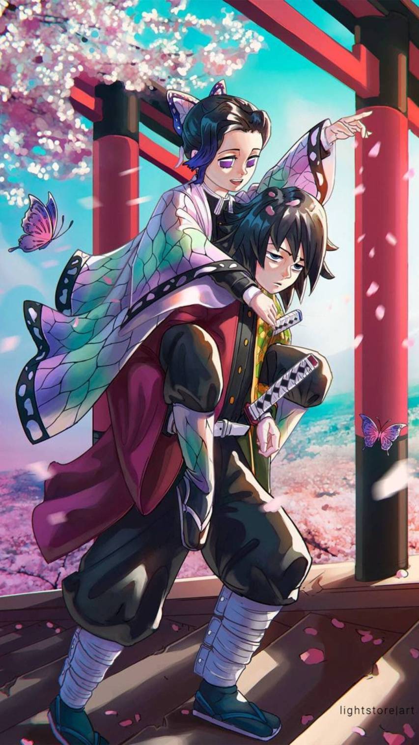 Anime girl with sword and boyfriend in traditional japanese clothing - Demon Slayer