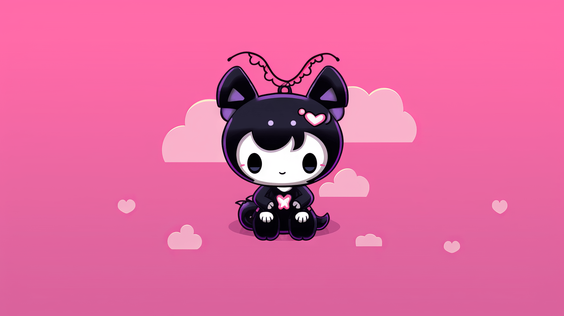 A black cat with horns and a tail sitting on a pink background - My Melody