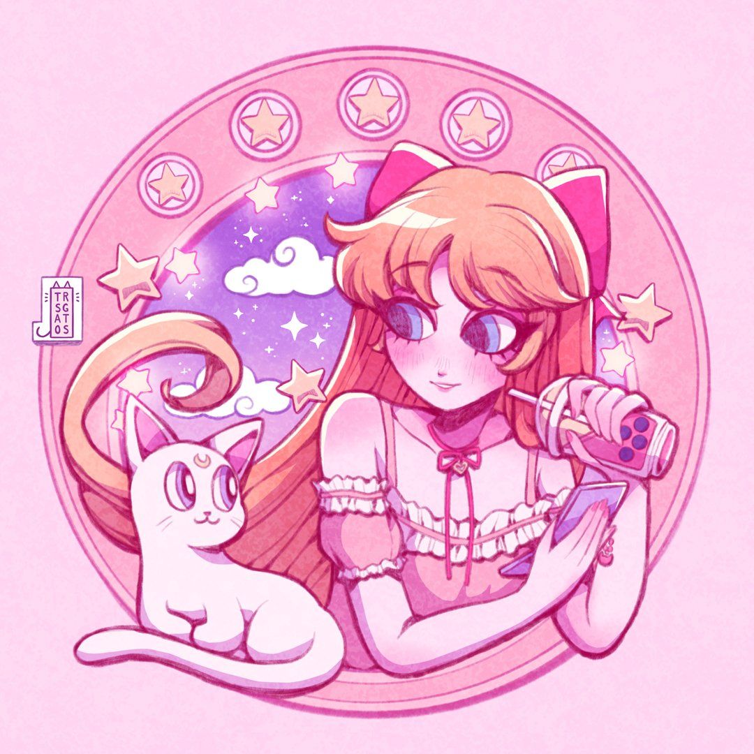 A digital illustration of a girl with a cat and a star. - Sailor Venus