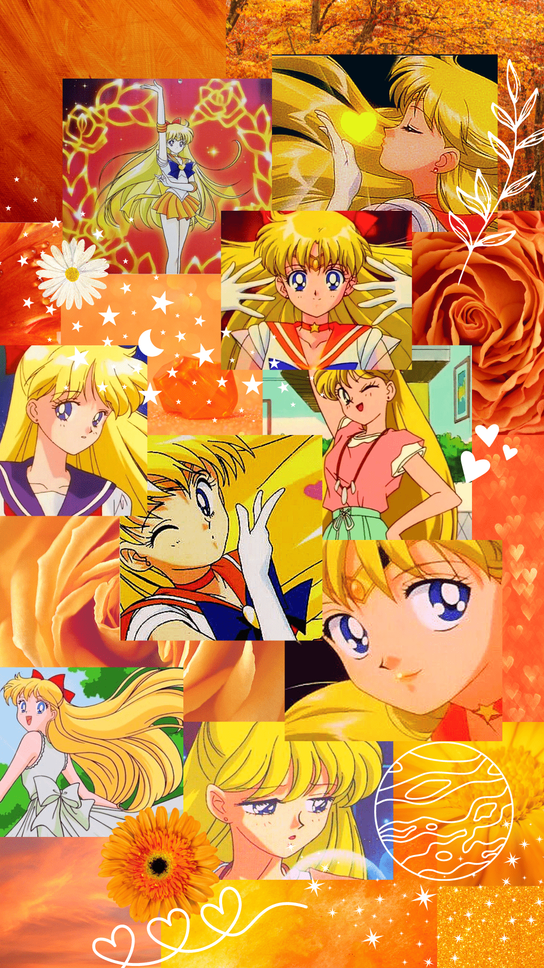 A collage of Sailor Moon images, including her in her sailor suit and transformation sequence. - Sailor Venus
