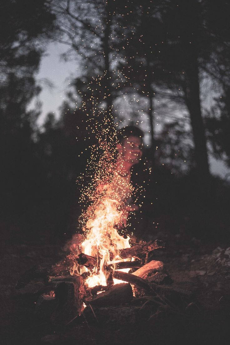 A campfire in the woods at night. - Camping