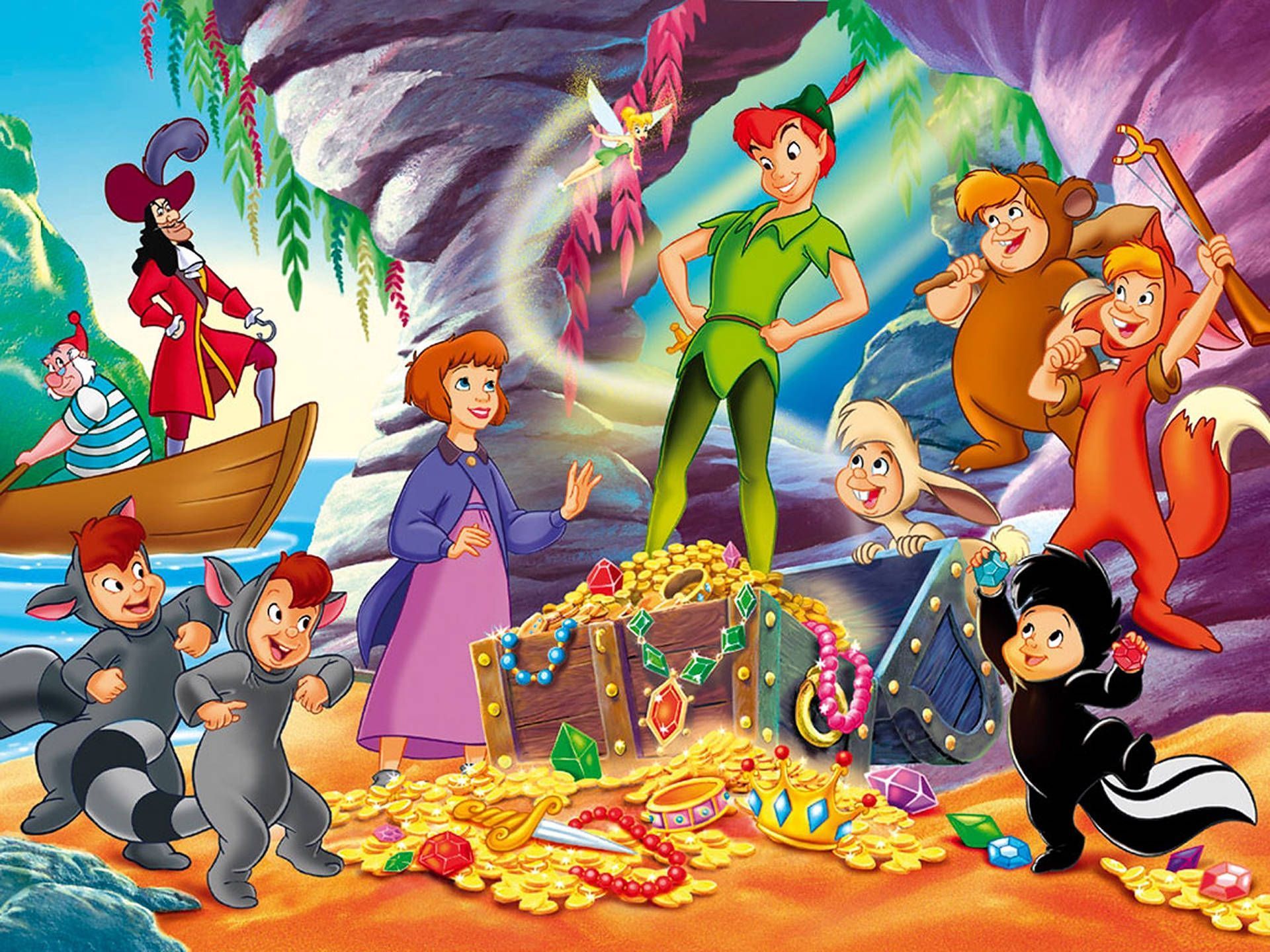 Peter Pan and the Lost Boys, along with Tinker Bell, Wendy, and Captain Hook, stand in front of a treasure chest filled with gold coins. - Peter Pan