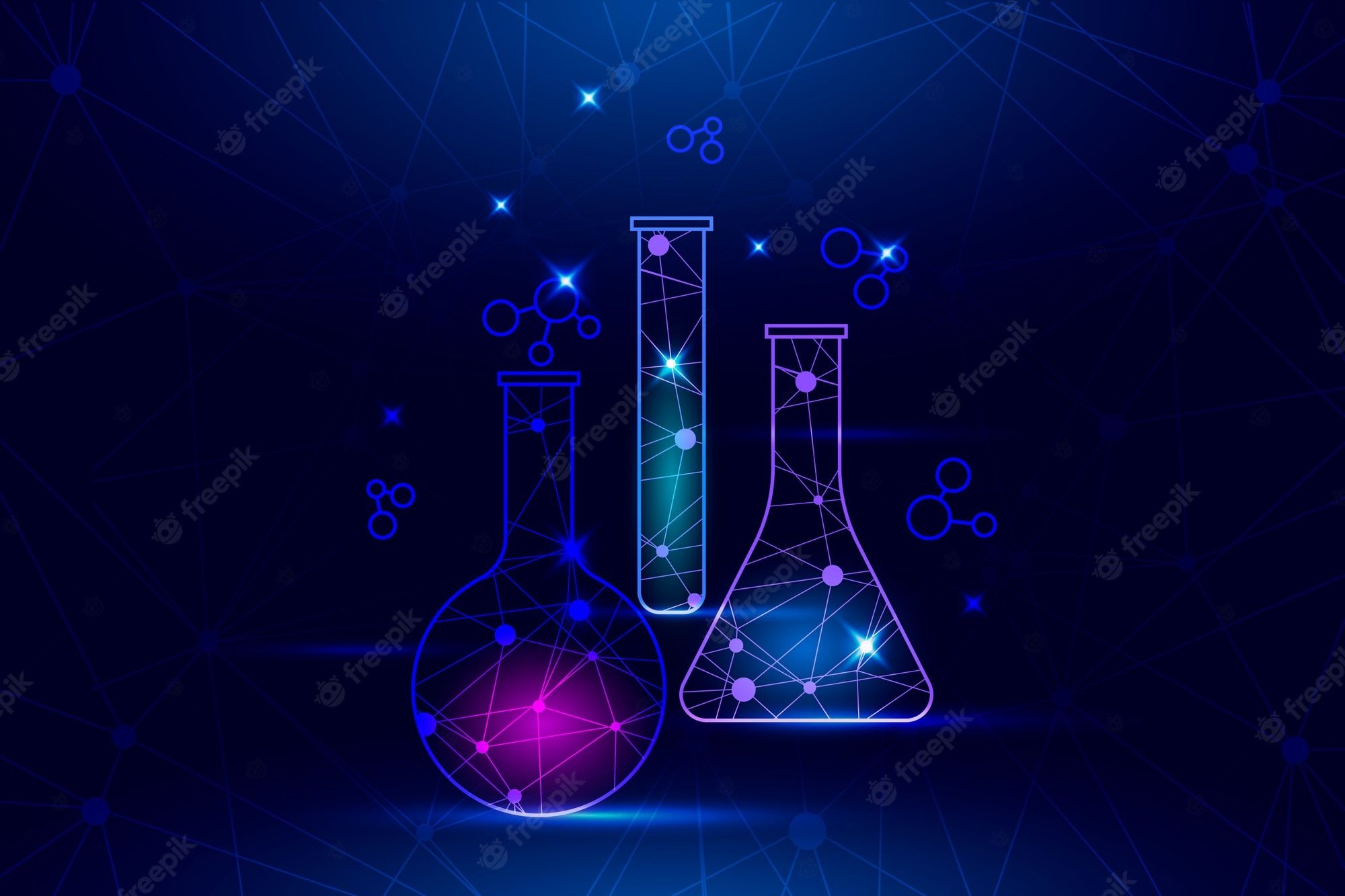 Low poly neon blue and purple test tubes on a dark blue background - Chemistry