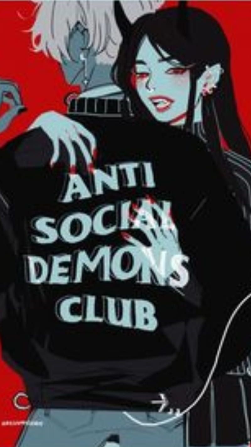 A girl with black hair and a black shirt that says anti social demons club - Anti Social Social Club