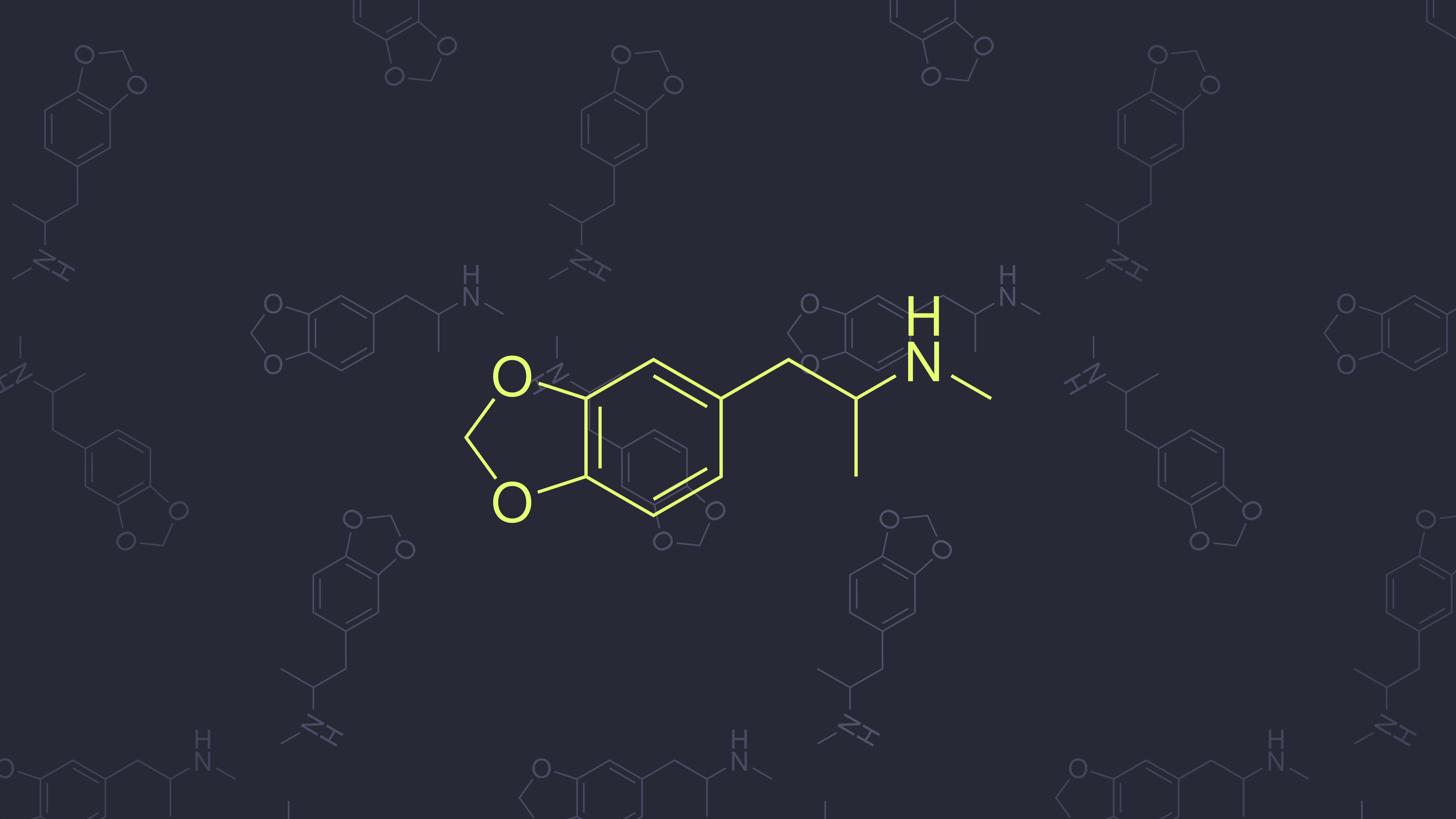 A dark blue background with the chemical structure of MDPV (3,4-methylenedioxyphenylpiperazine) in yellow. - Chemistry