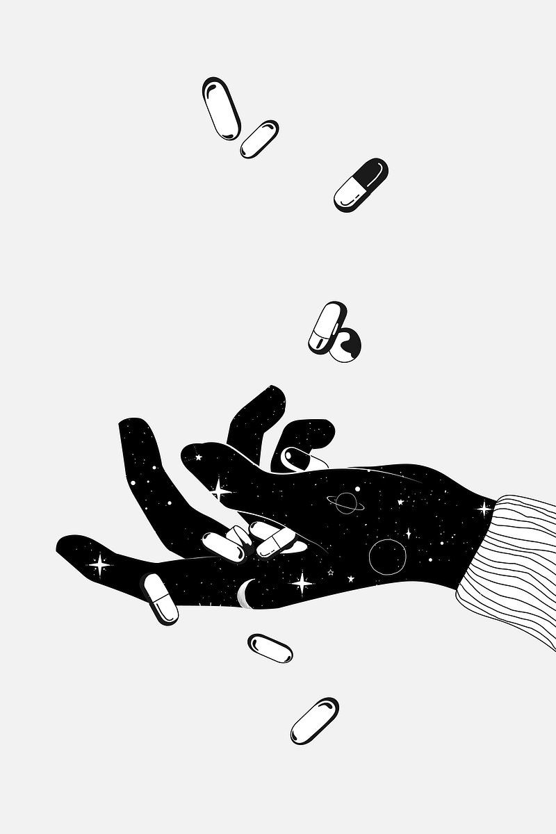 A hand with stars on it is throwing out different types of pills. - Mental health