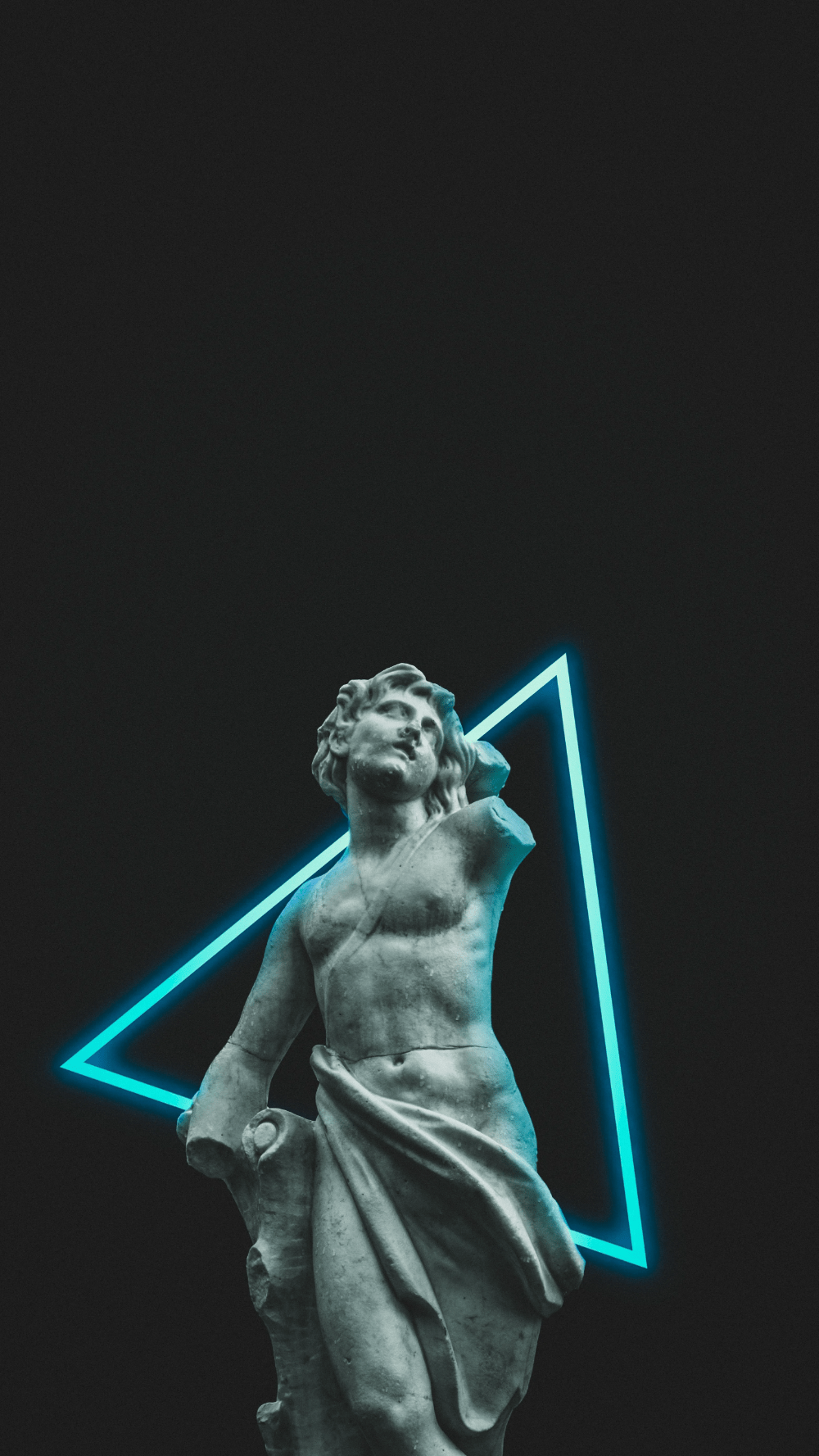Aesthetic statue of a man with a neon blue triangle behind it - Statue