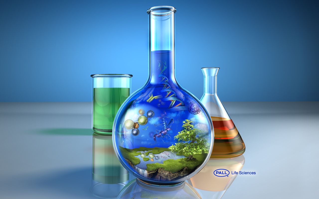 Three beakers with a colorful liquid and a landscape inside - Chemistry