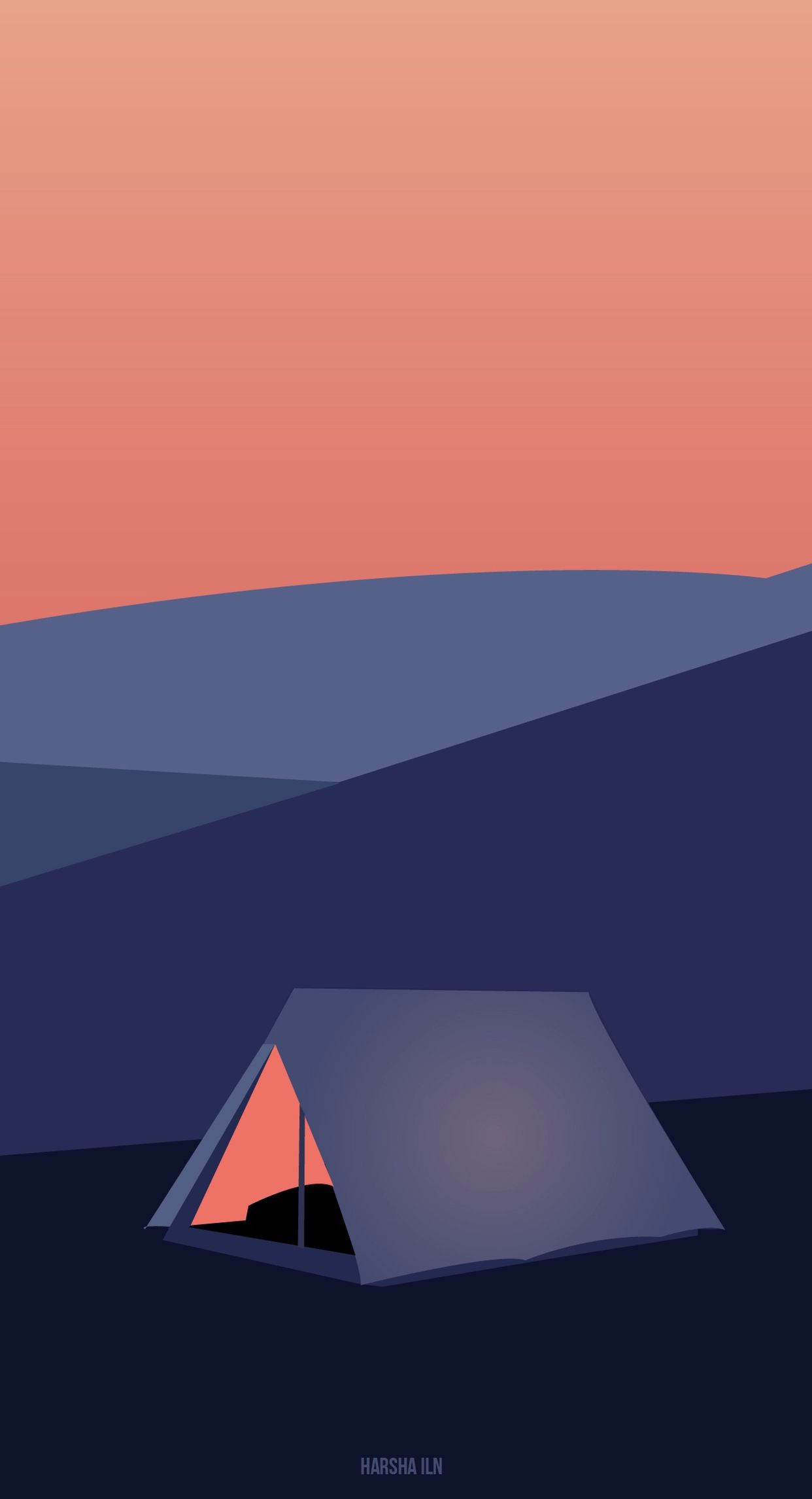 Minimalist illustration of a tent in the mountains during sunset - Camping