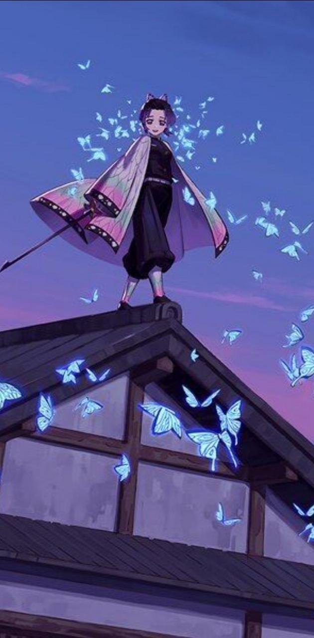 Anime girl standing on the roof with blue butterflies - Demon Slayer
