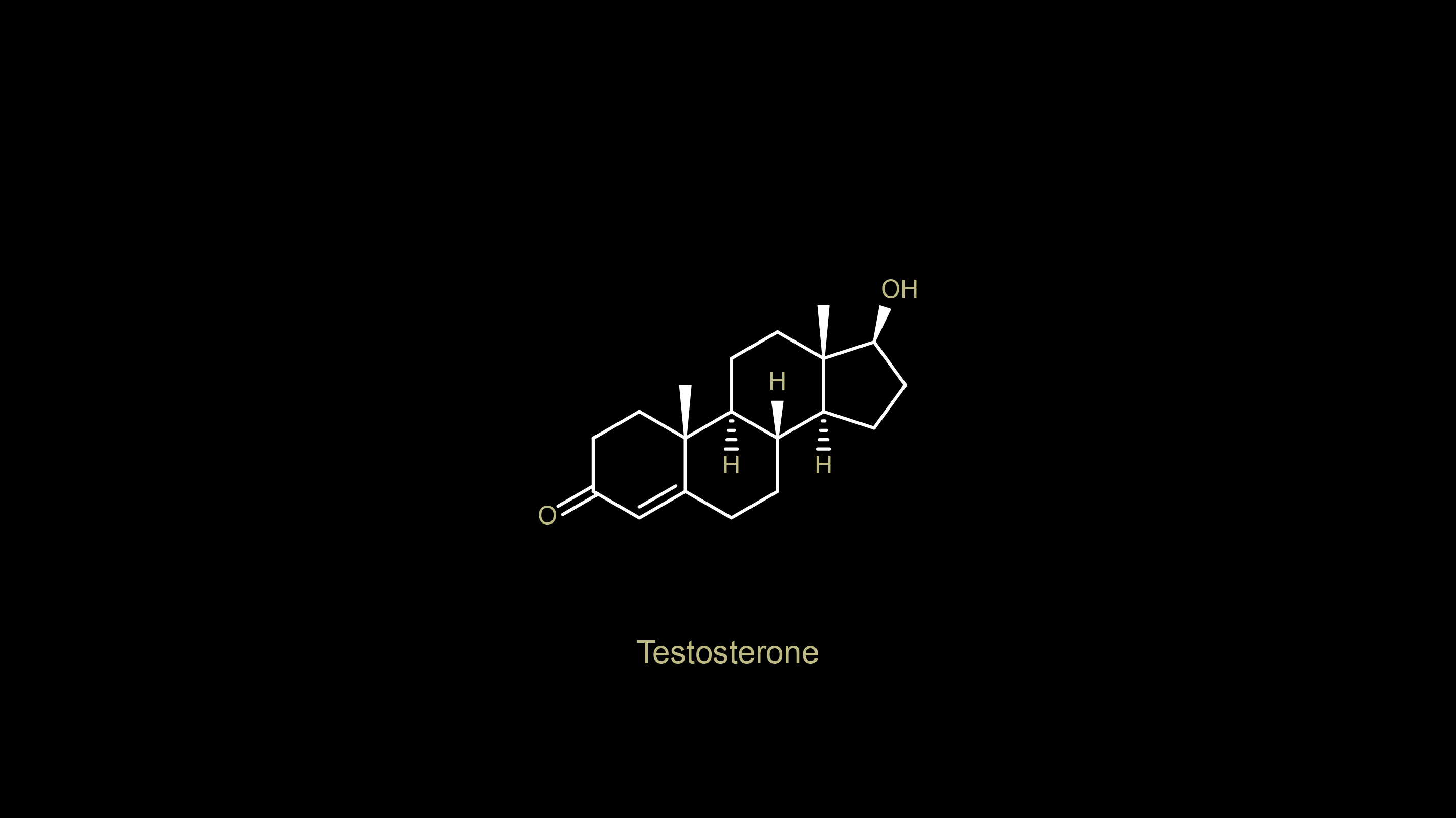 A chemical structure of testosterone is shown on a black background. - Chemistry