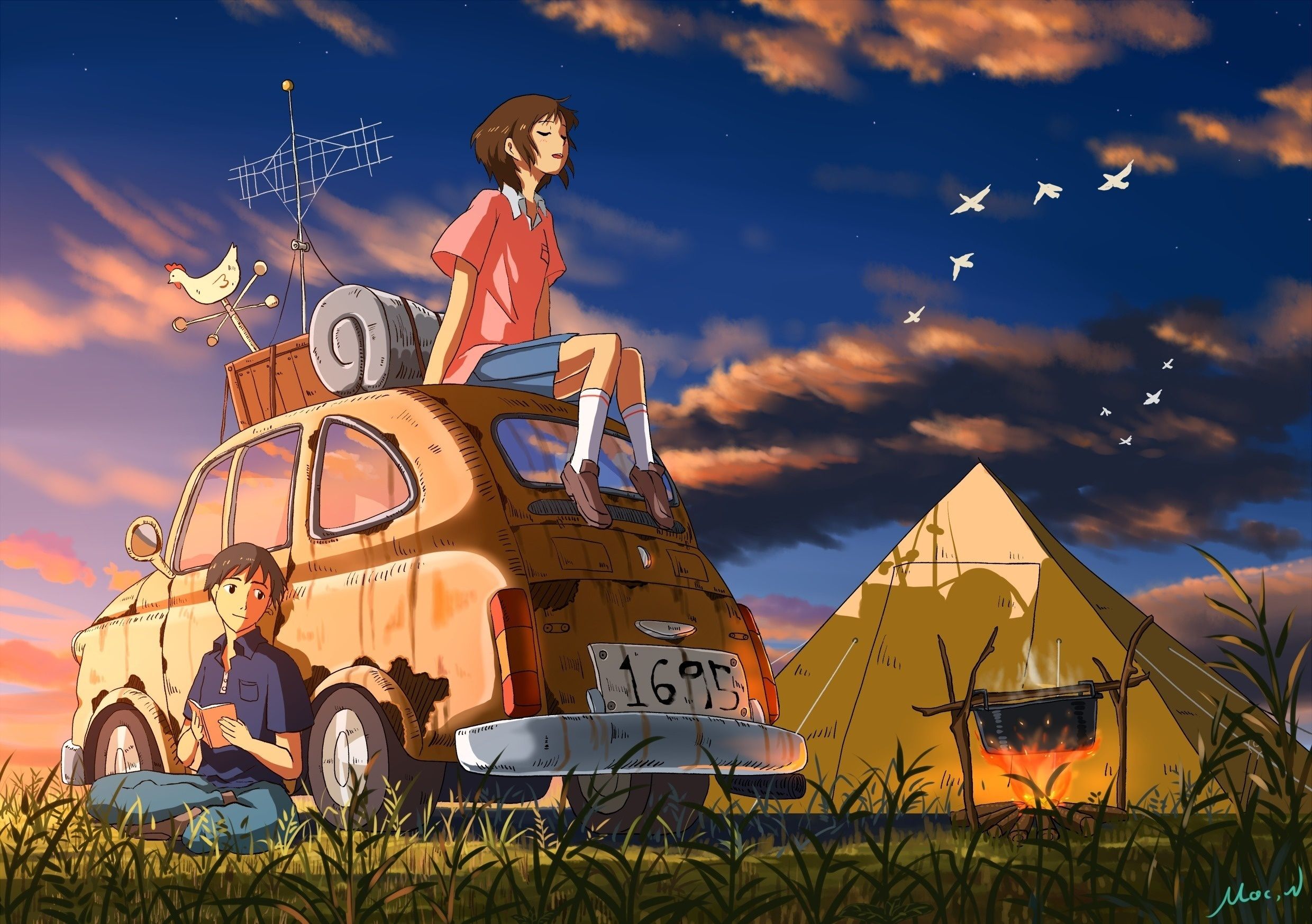 A boy and a girl sitting on a car in front of a tent. - Camping