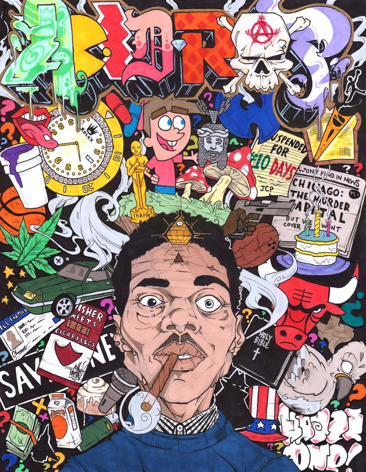 Chance the Rapper drawing surrounded by his album covers and other things he's been in. - Chance the Rapper
