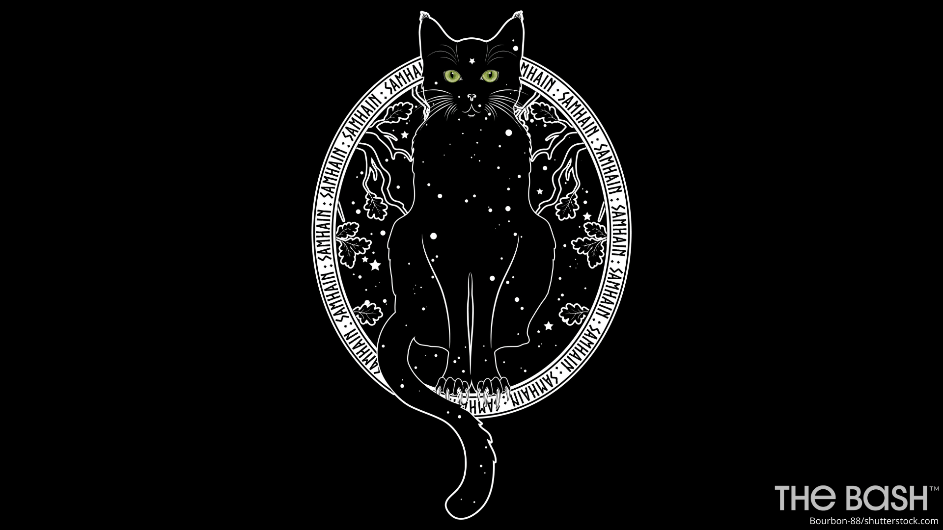 A black cat sitting in a circle with the text 
